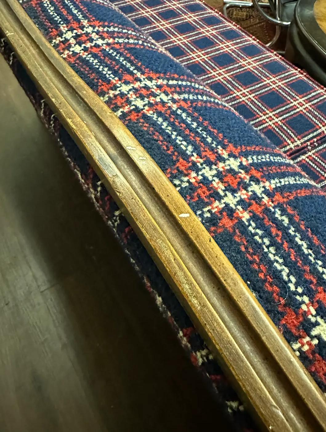 Mid Century Traditional Wood and Navy Windowpane Plaid Sofa 3