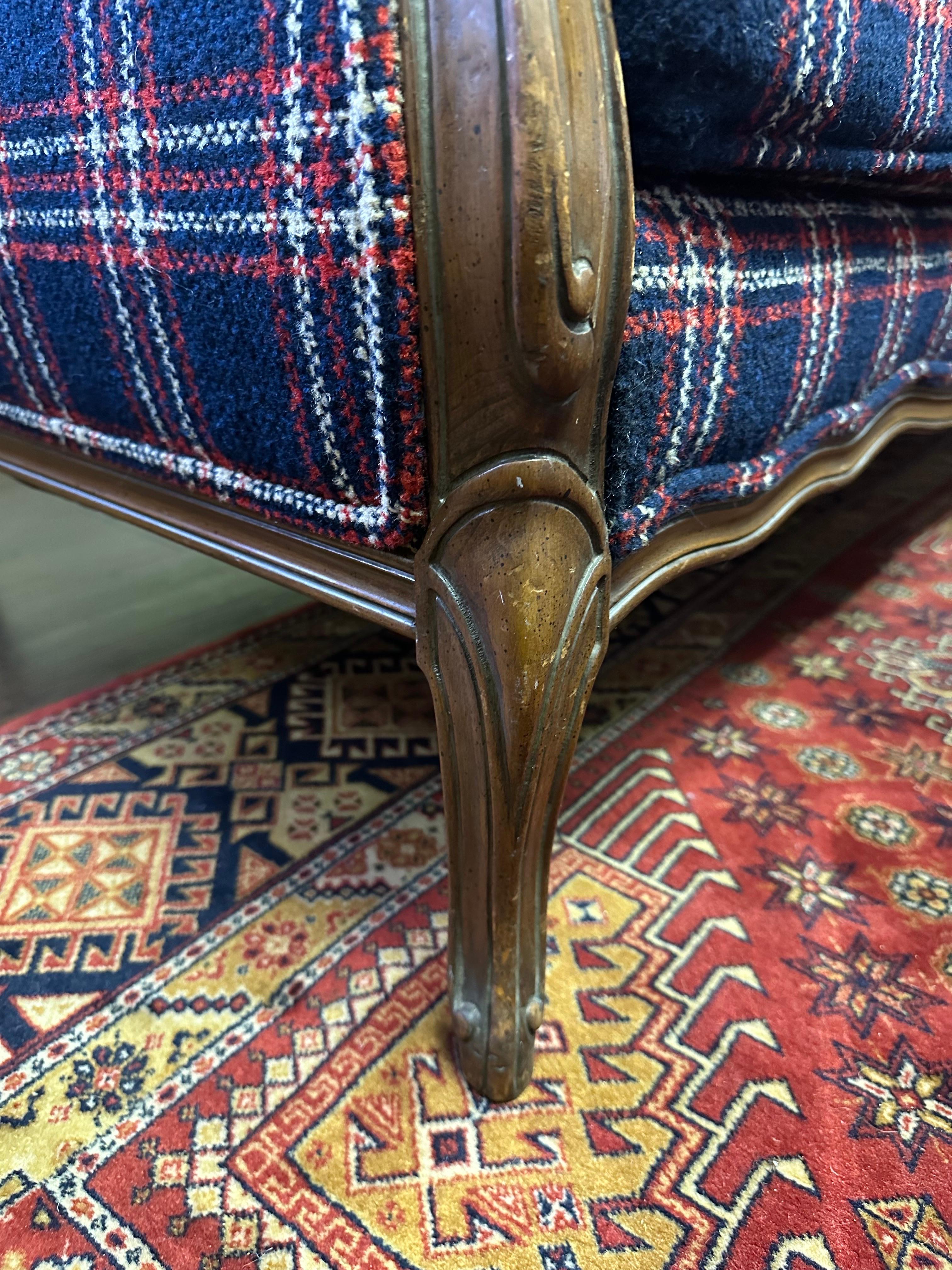 Mid Century Traditional Wood and Navy Windowpane Plaid Sofa 4