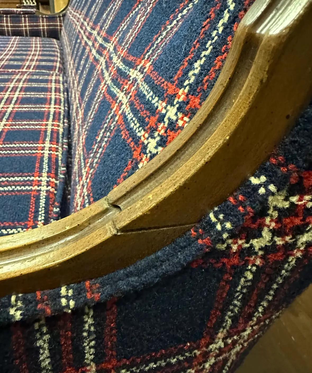 Mid Century Traditional Wood and Navy Windowpane Plaid Sofa 4