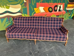 Mid Century Traditional Wood and Navy Windowpane Plaid Sofa