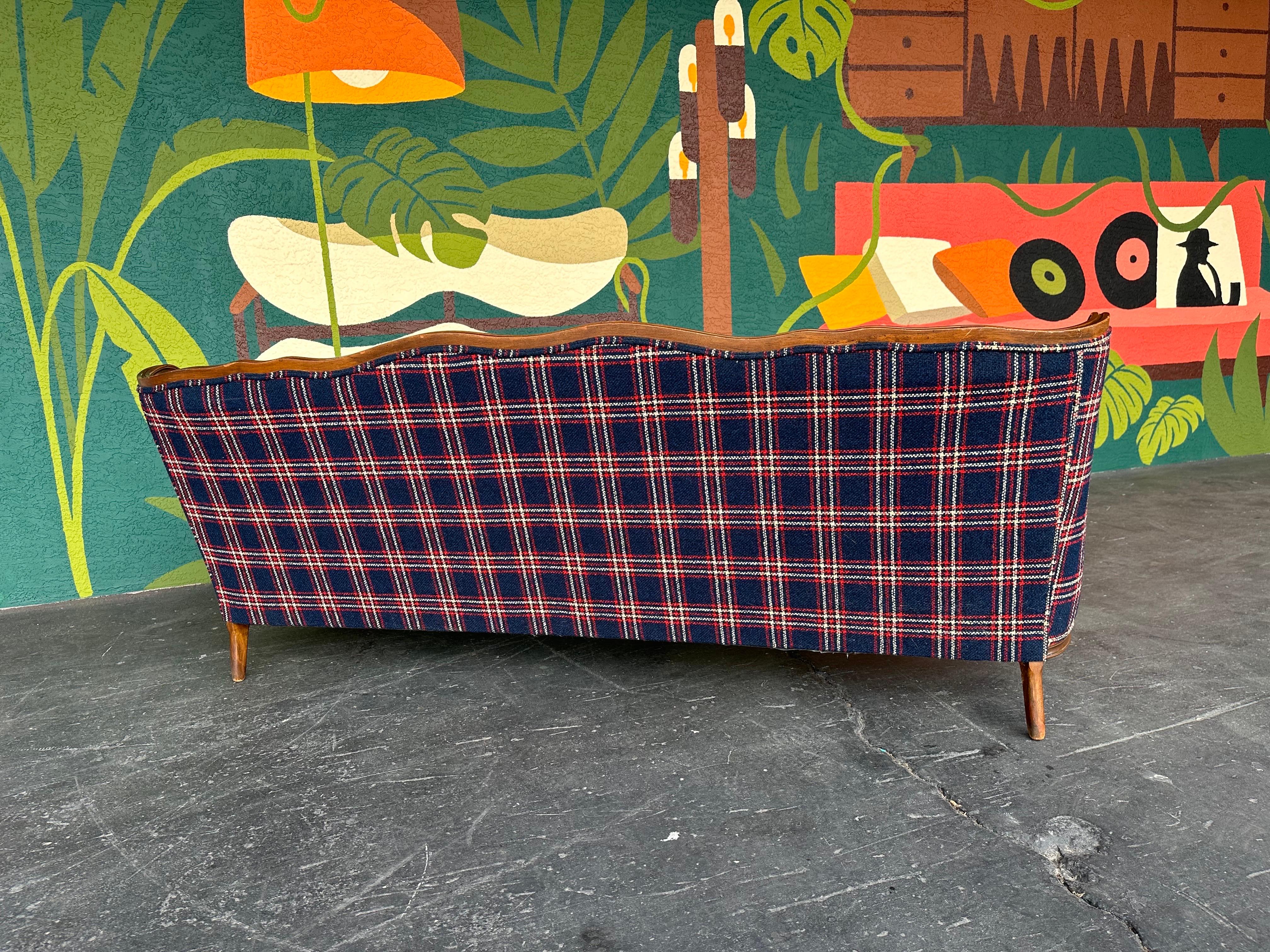 Rustic Mid Century Traditional Wood and Navy Windowpane Plaid Sofa