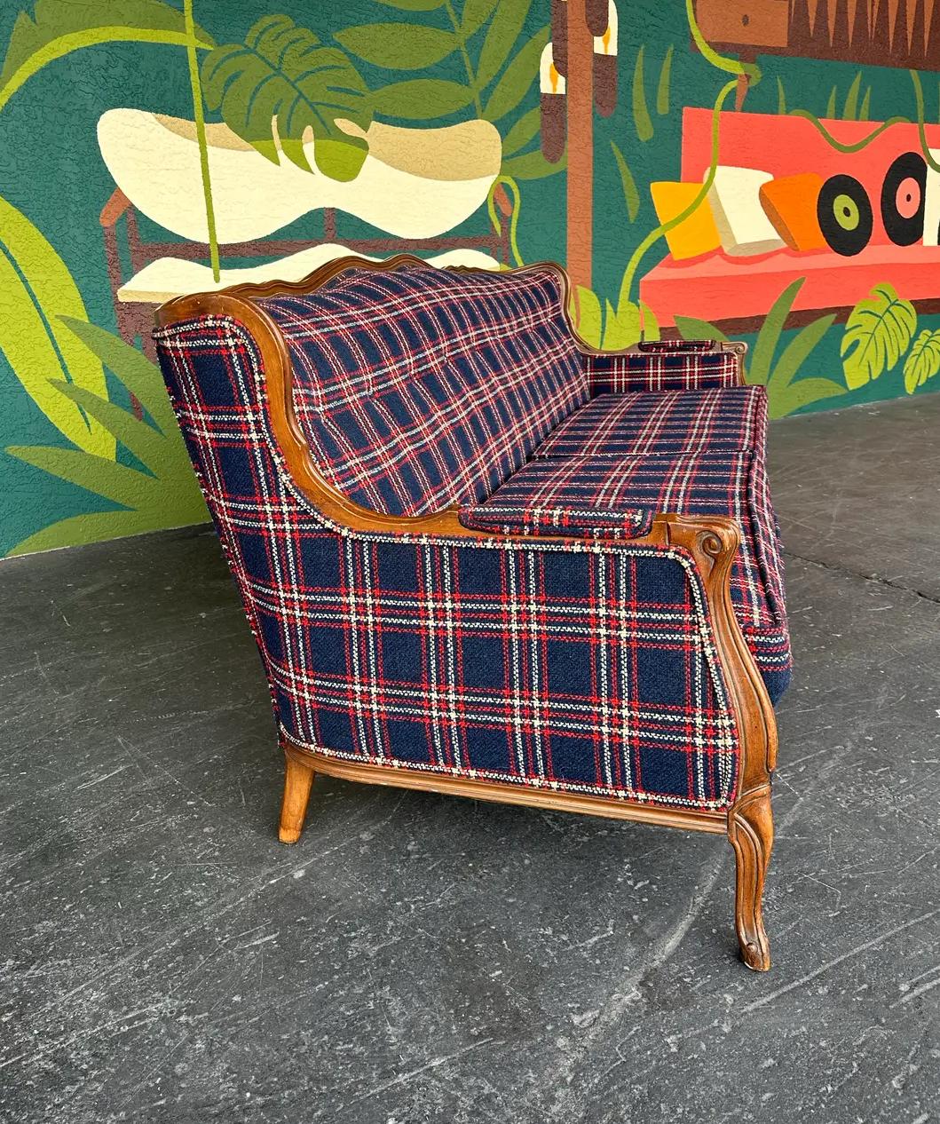 Rustic Mid Century Traditional Wood and Navy Windowpane Plaid Sofa