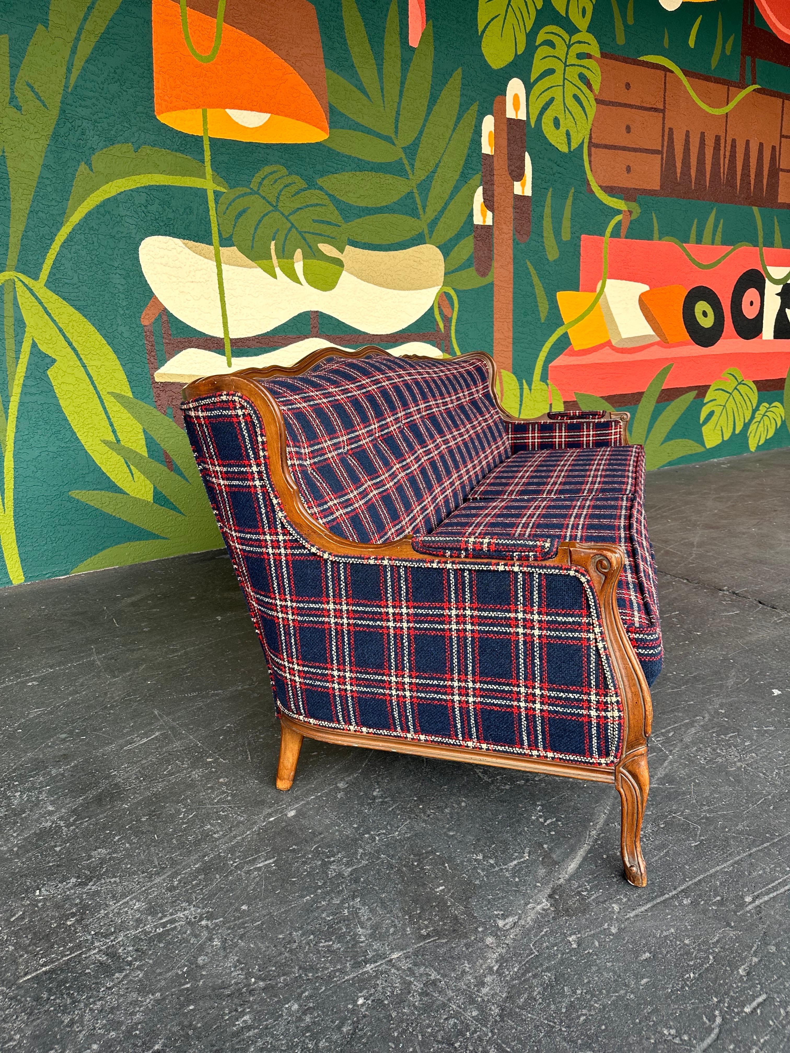American Mid Century Traditional Wood and Navy Windowpane Plaid Sofa