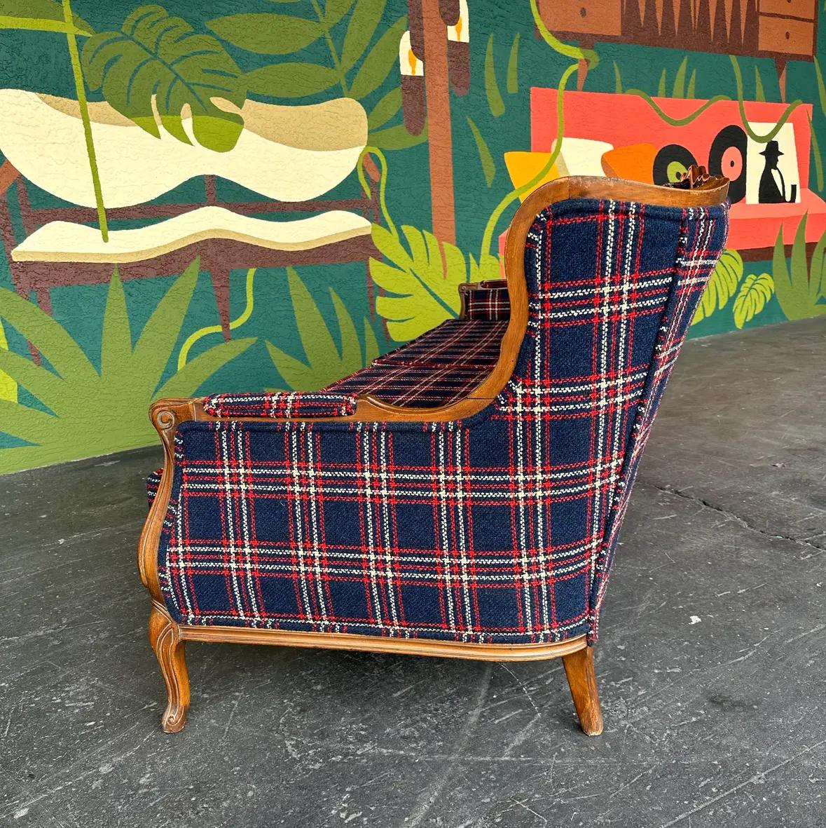 American Mid Century Traditional Wood and Navy Windowpane Plaid Sofa