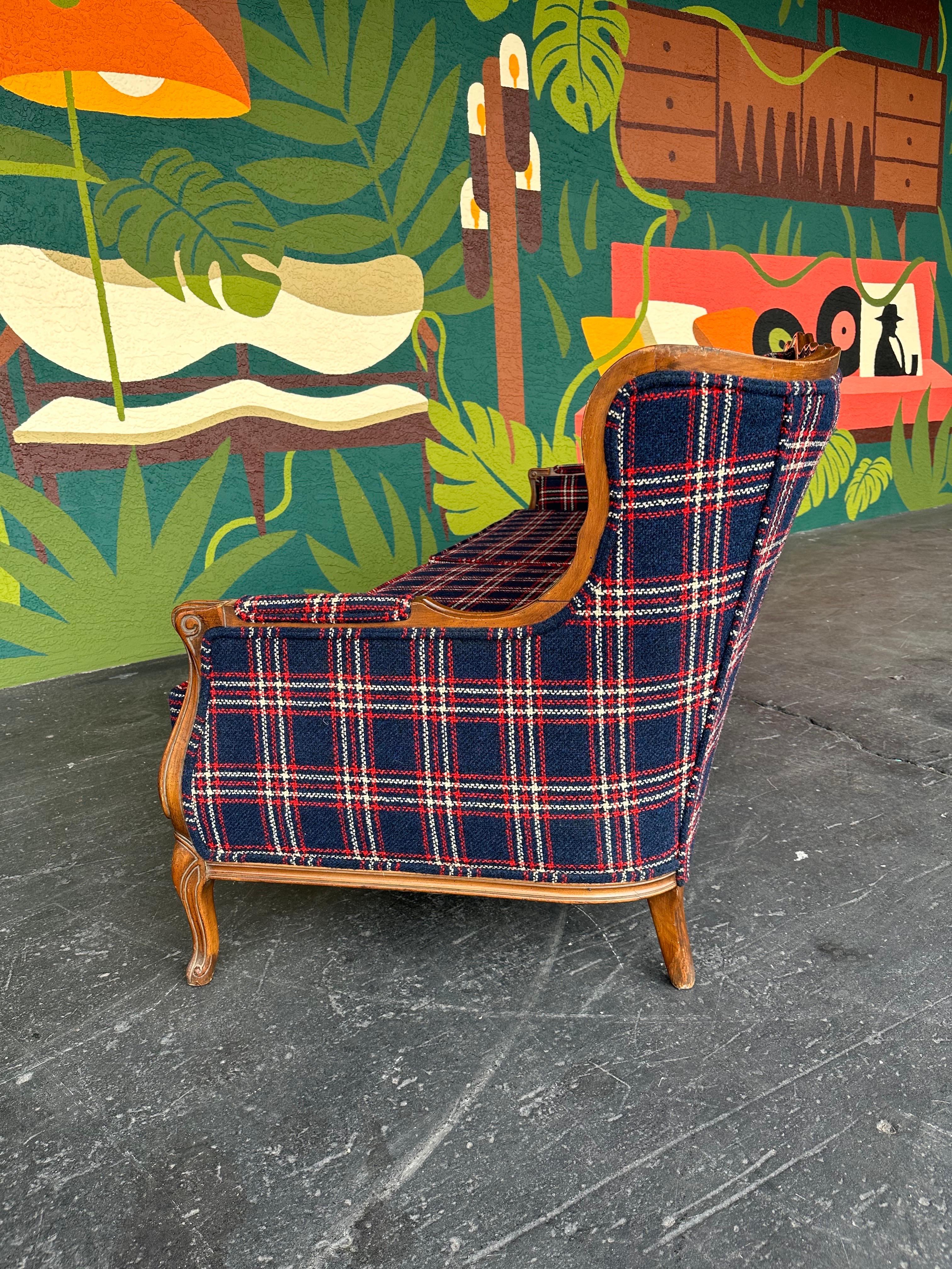 Mid Century Traditional Wood and Navy Windowpane Plaid Sofa In Good Condition In Lutz, FL