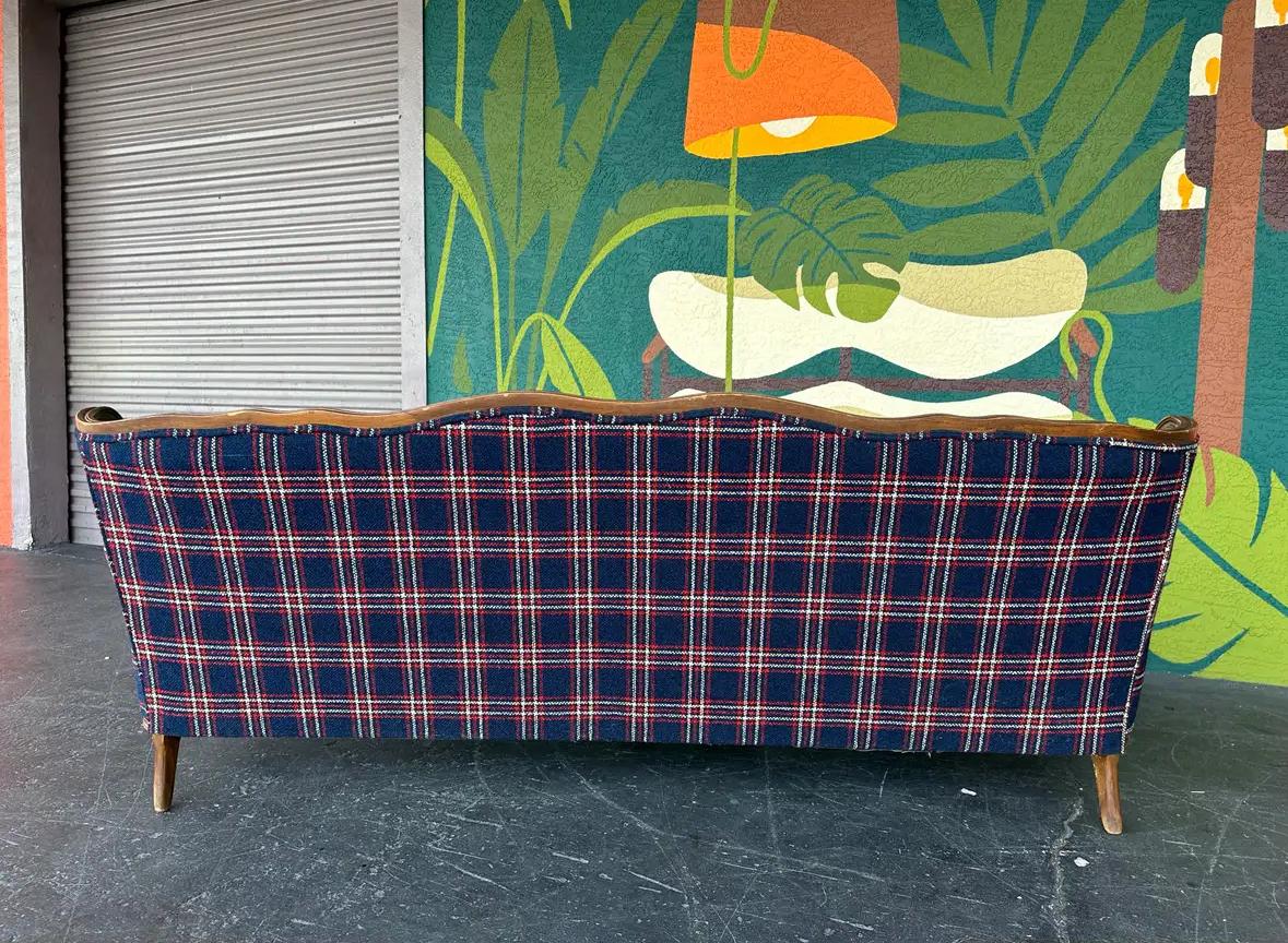 Mid Century Traditional Wood and Navy Windowpane Plaid Sofa In Good Condition In Lutz, FL