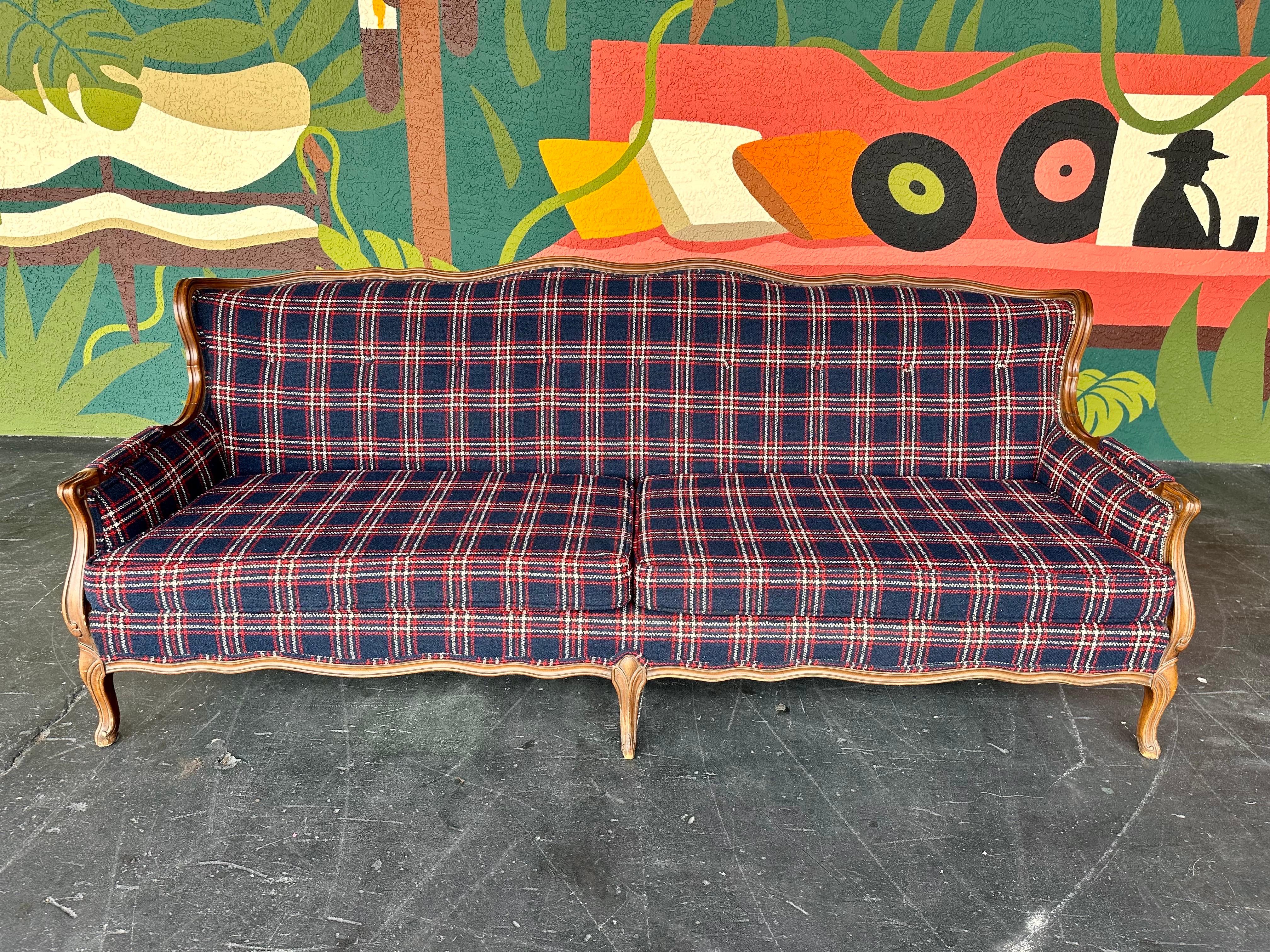 20th Century Mid Century Traditional Wood and Navy Windowpane Plaid Sofa