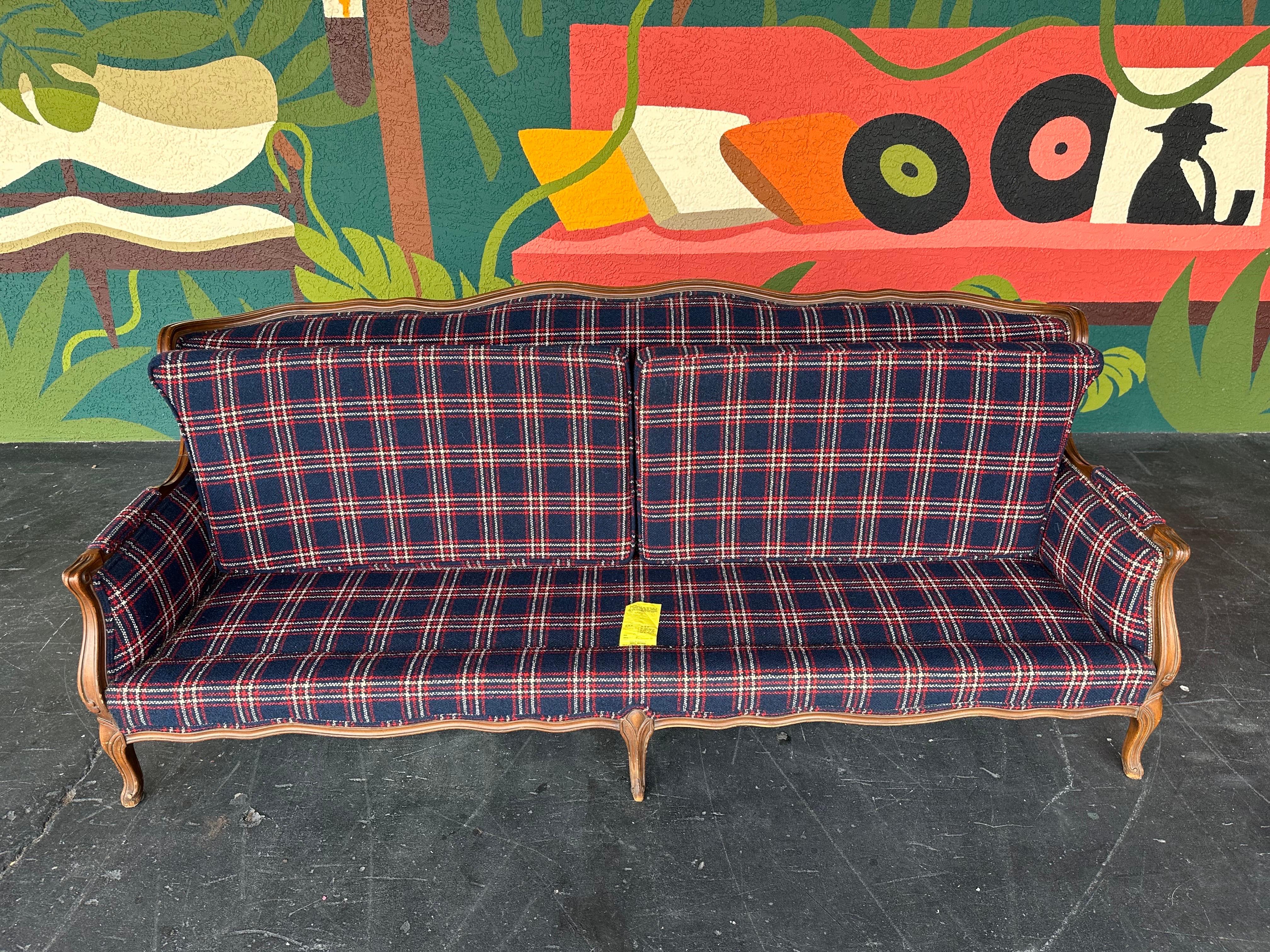 Fabric Mid Century Traditional Wood and Navy Windowpane Plaid Sofa