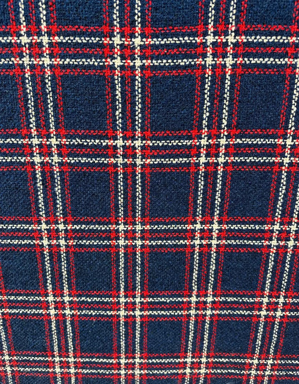 Fabric Mid Century Traditional Wood and Navy Windowpane Plaid Sofa