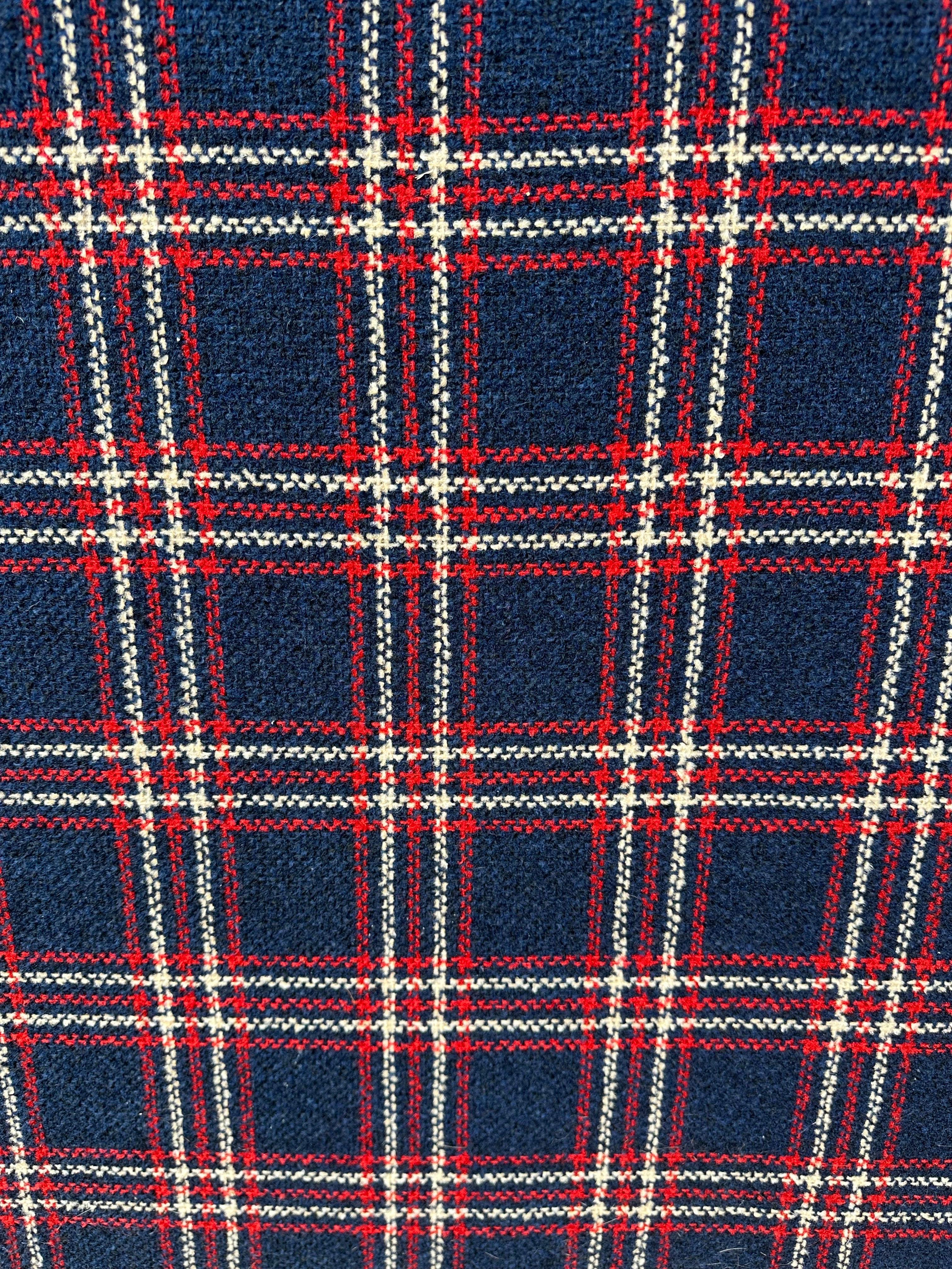 Mid Century Traditional Wood and Navy Windowpane Plaid Sofa 1