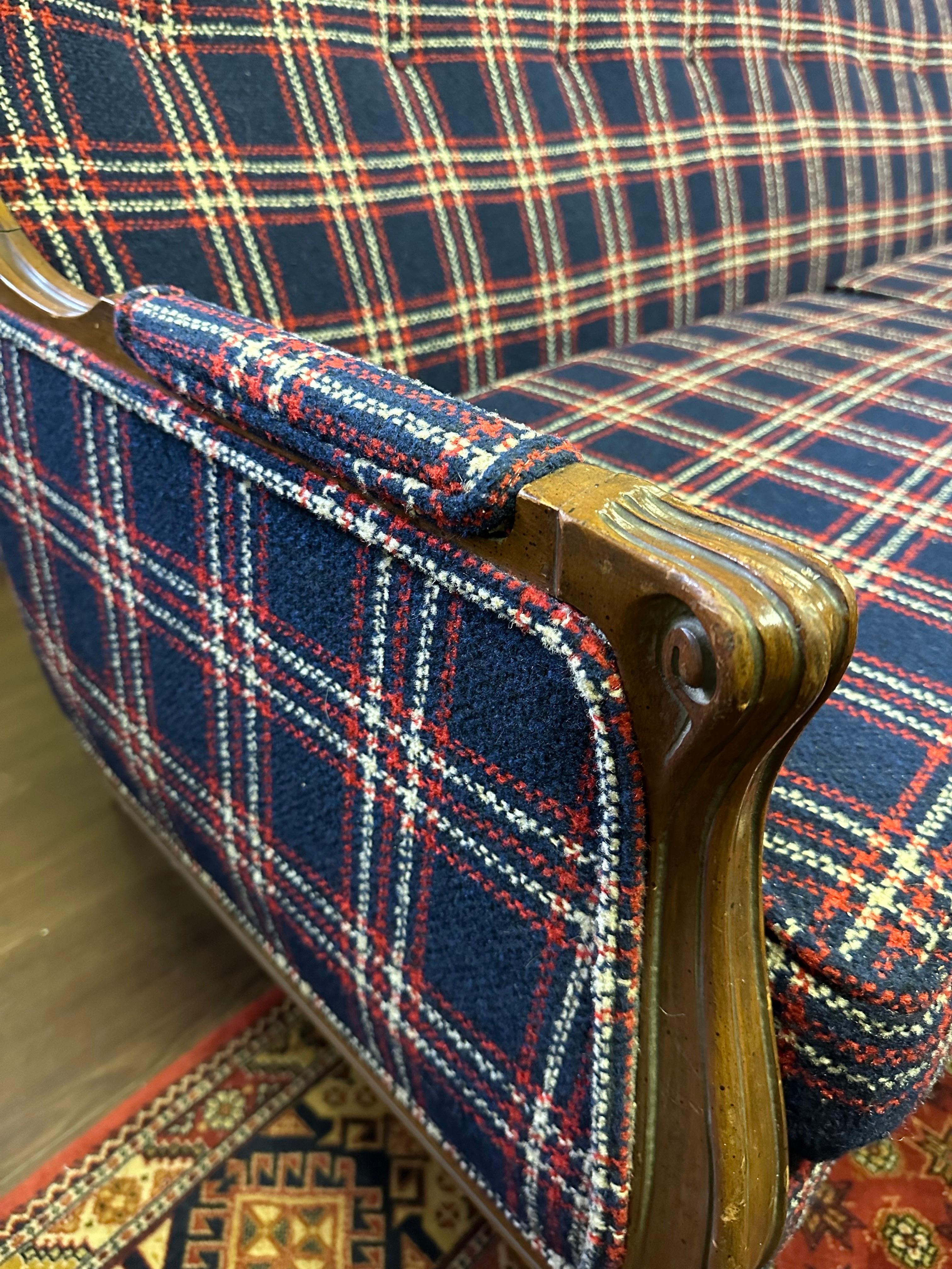 Mid Century Traditional Wood and Navy Windowpane Plaid Sofa 2