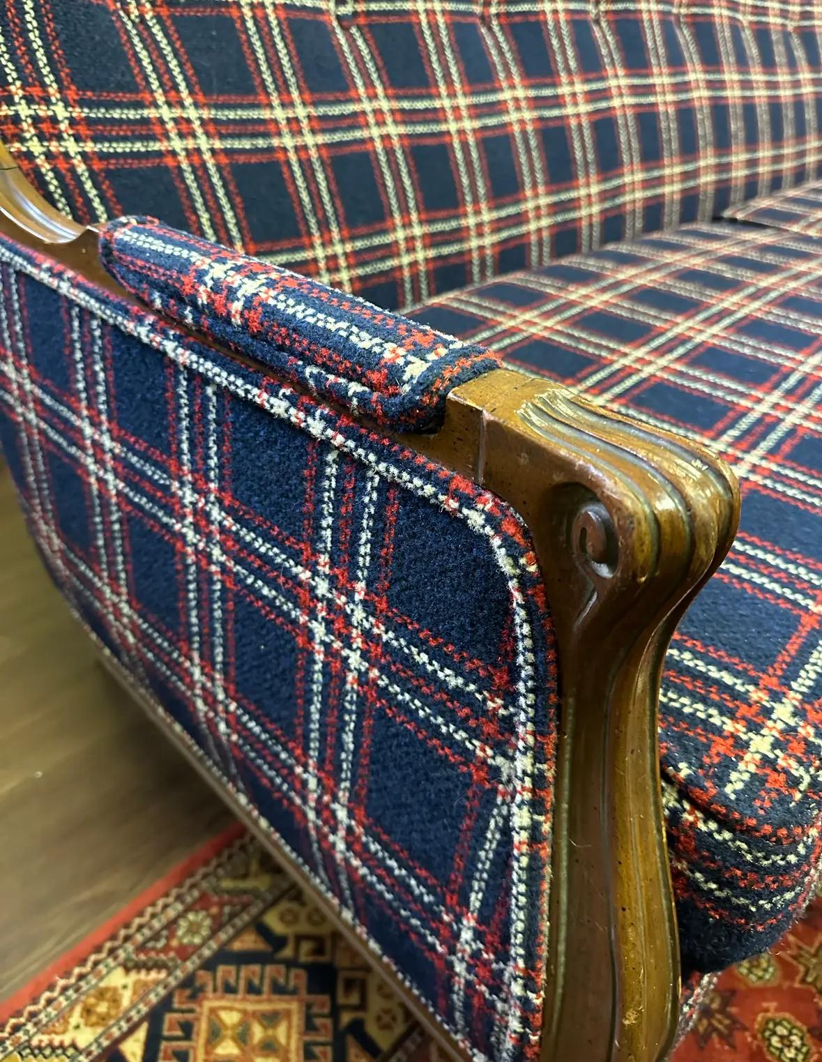 Mid Century Traditional Wood and Navy Windowpane Plaid Sofa 2