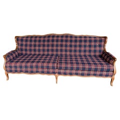 Mid Century Traditional Wood and Navy Windowpane Plaid Sofa