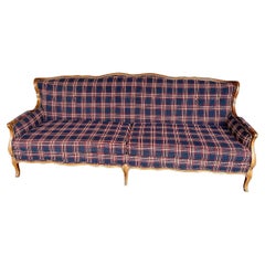 Mid Century Traditional Wood and Navy Windowpane Plaid Sofa