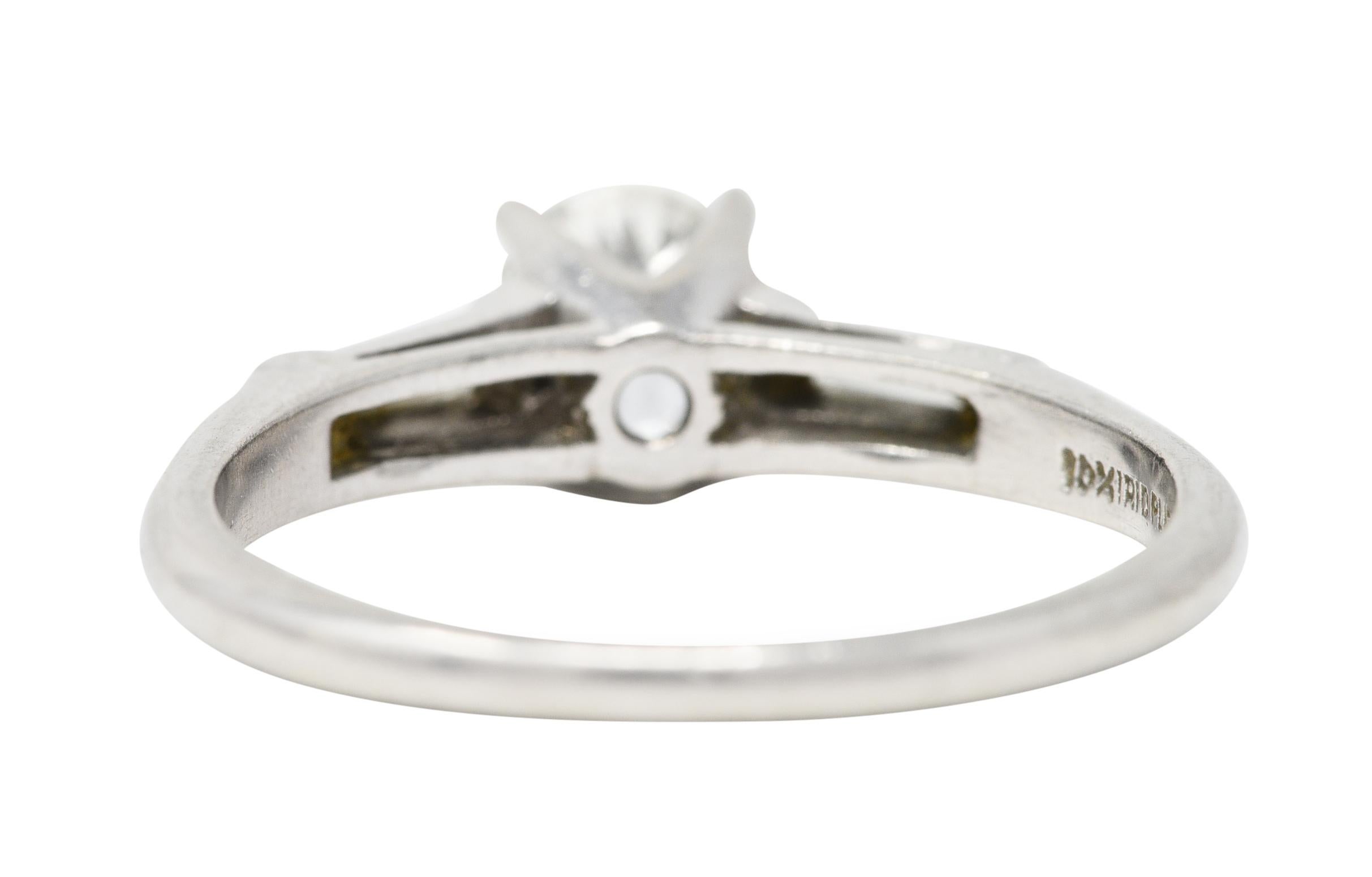 Baguette Cut Mid-Century Transitional Cut 0.89 Carat Diamond Platinum Engagement Ring  For Sale
