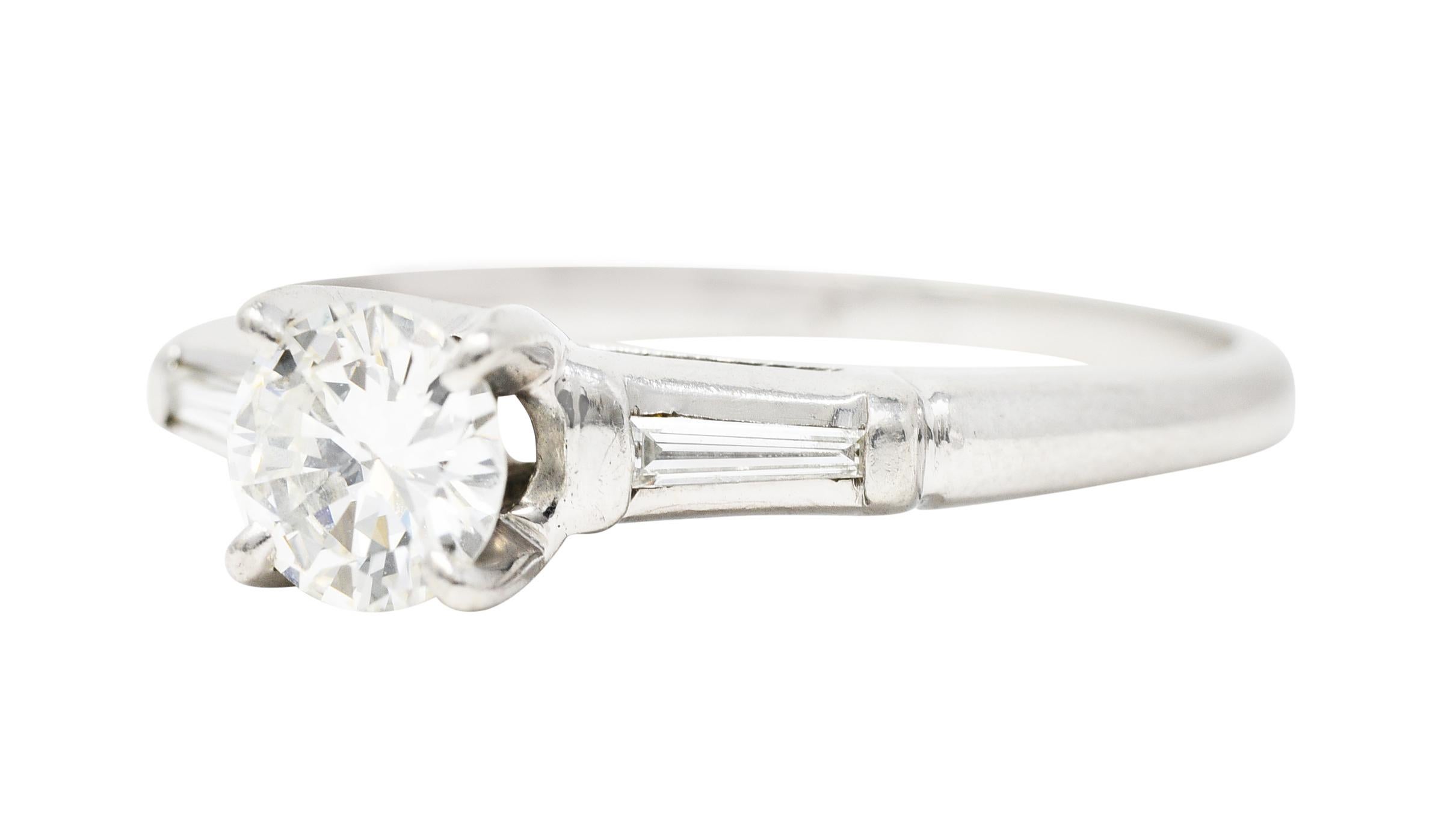 Women's or Men's Mid-Century Transitional Cut 0.89 Carat Diamond Platinum Engagement Ring  For Sale