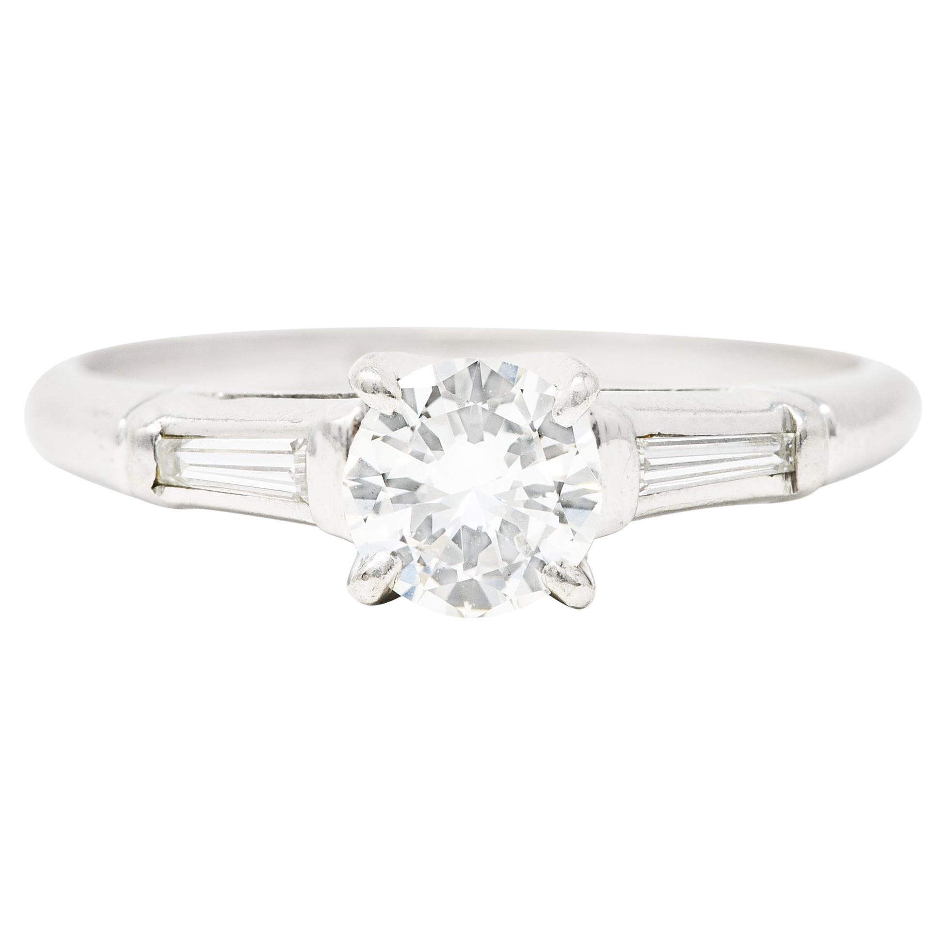 Mid-Century Transitional Cut 0.89 Carat Diamond Platinum Engagement Ring  For Sale
