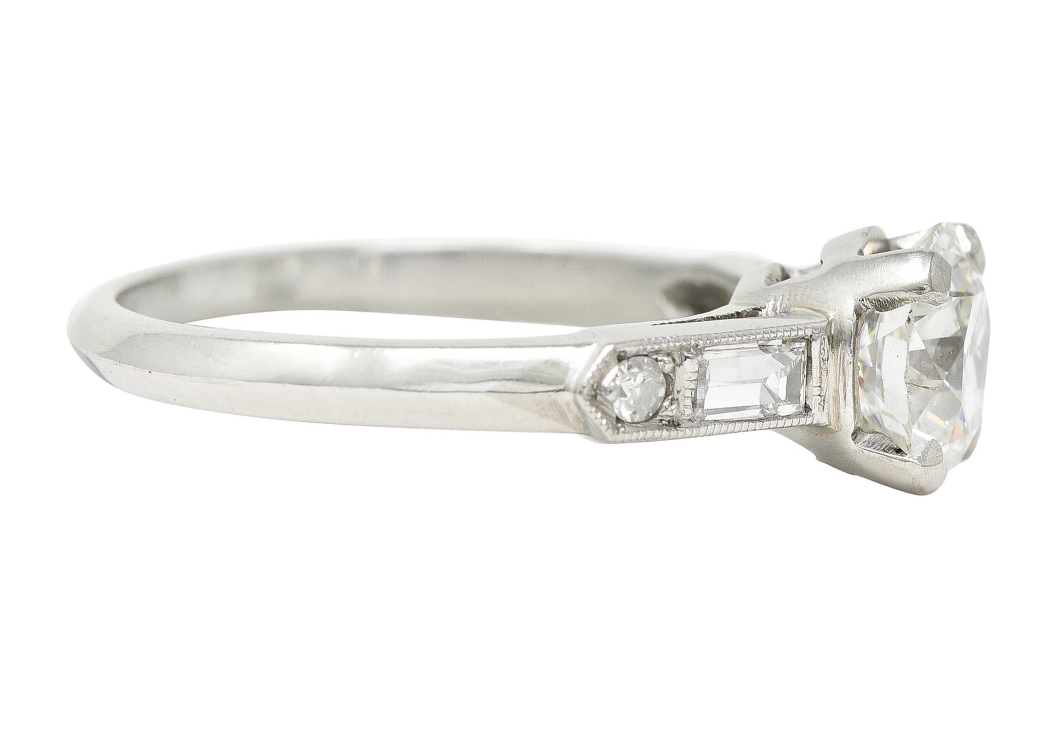 Round Cut Mid-Century Transitional Cut 1.60 Carats Diamond Platinum Engagement Ring For Sale