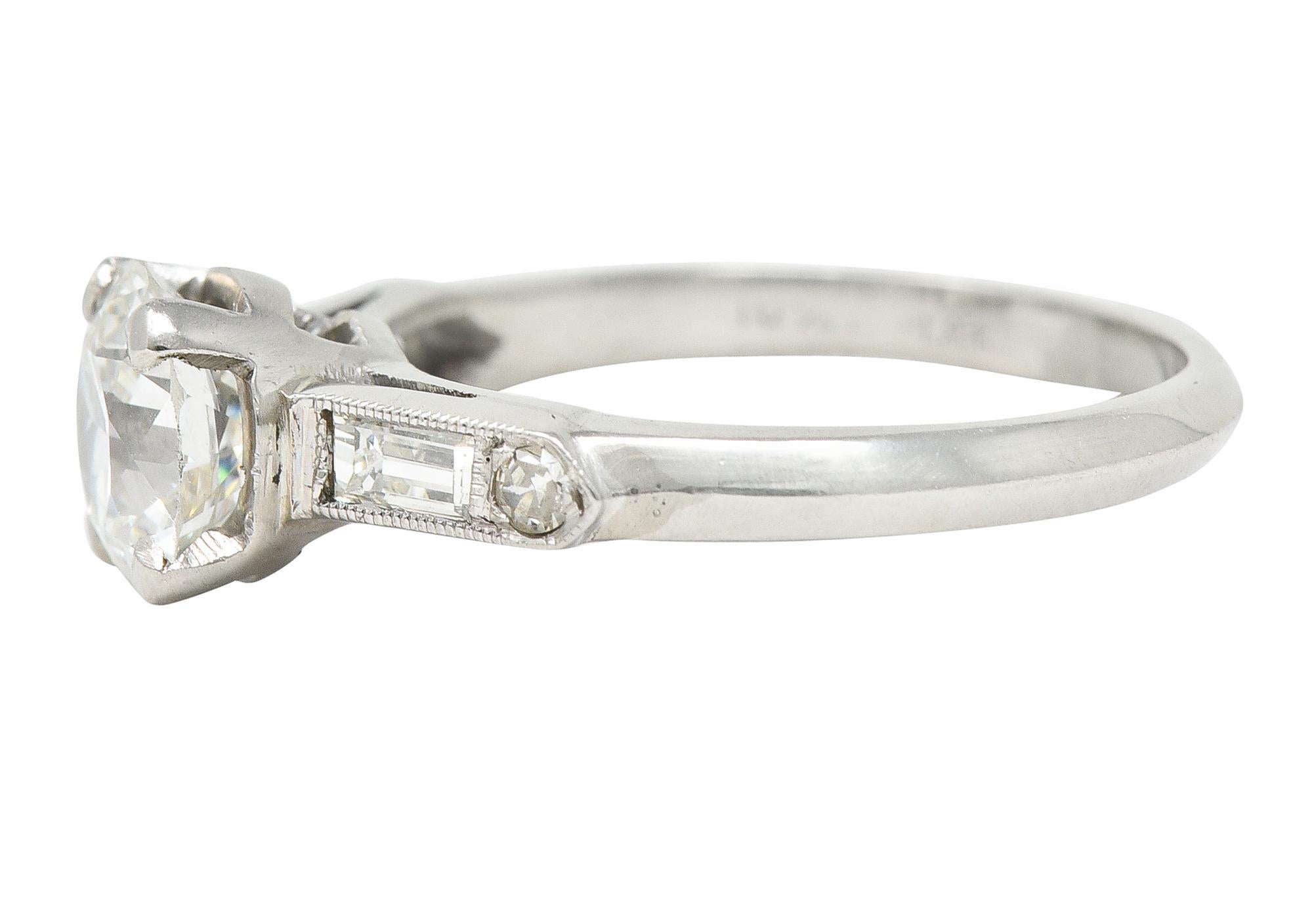 Women's or Men's Mid-Century Transitional Cut 1.60 Carats Diamond Platinum Engagement Ring For Sale