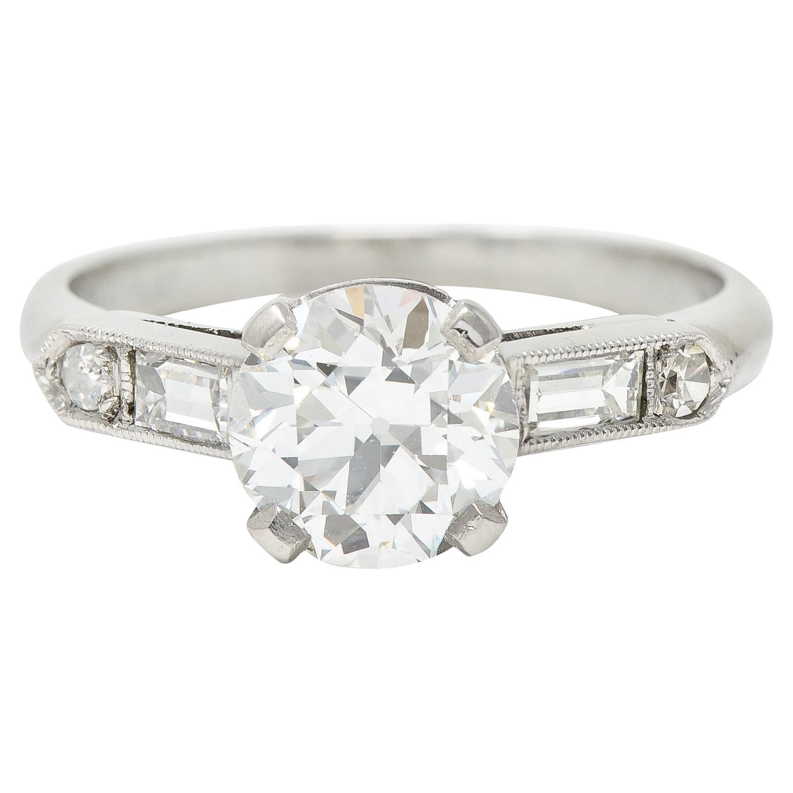 Bague de fiançailles en platine de 1,60 carats avec diamant de taille transitionnelle du milieu du siècle en vente