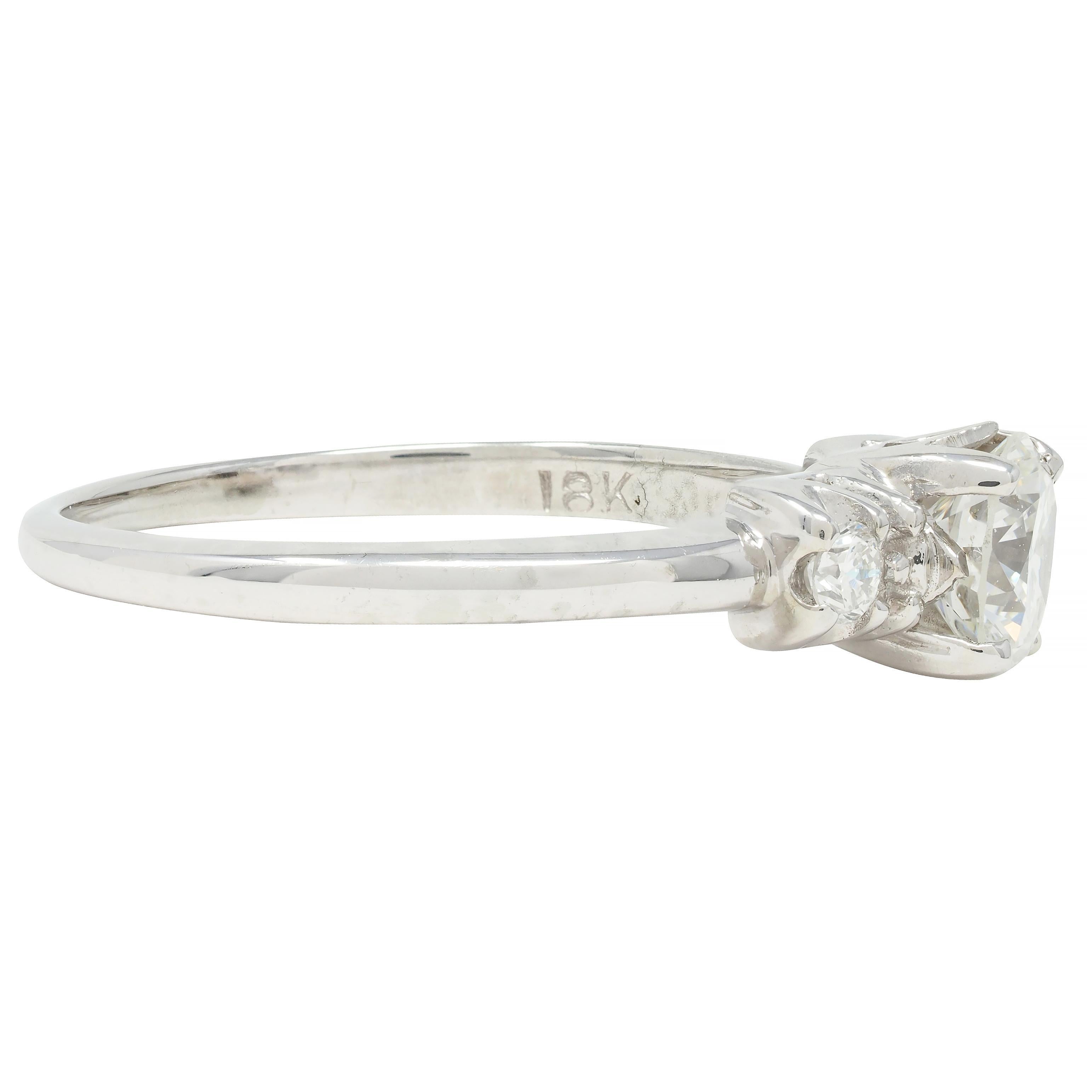 Round Cut Mid-Century Transitional Cut Diamond 18 Karat White Gold Vintage Engagement Ring For Sale