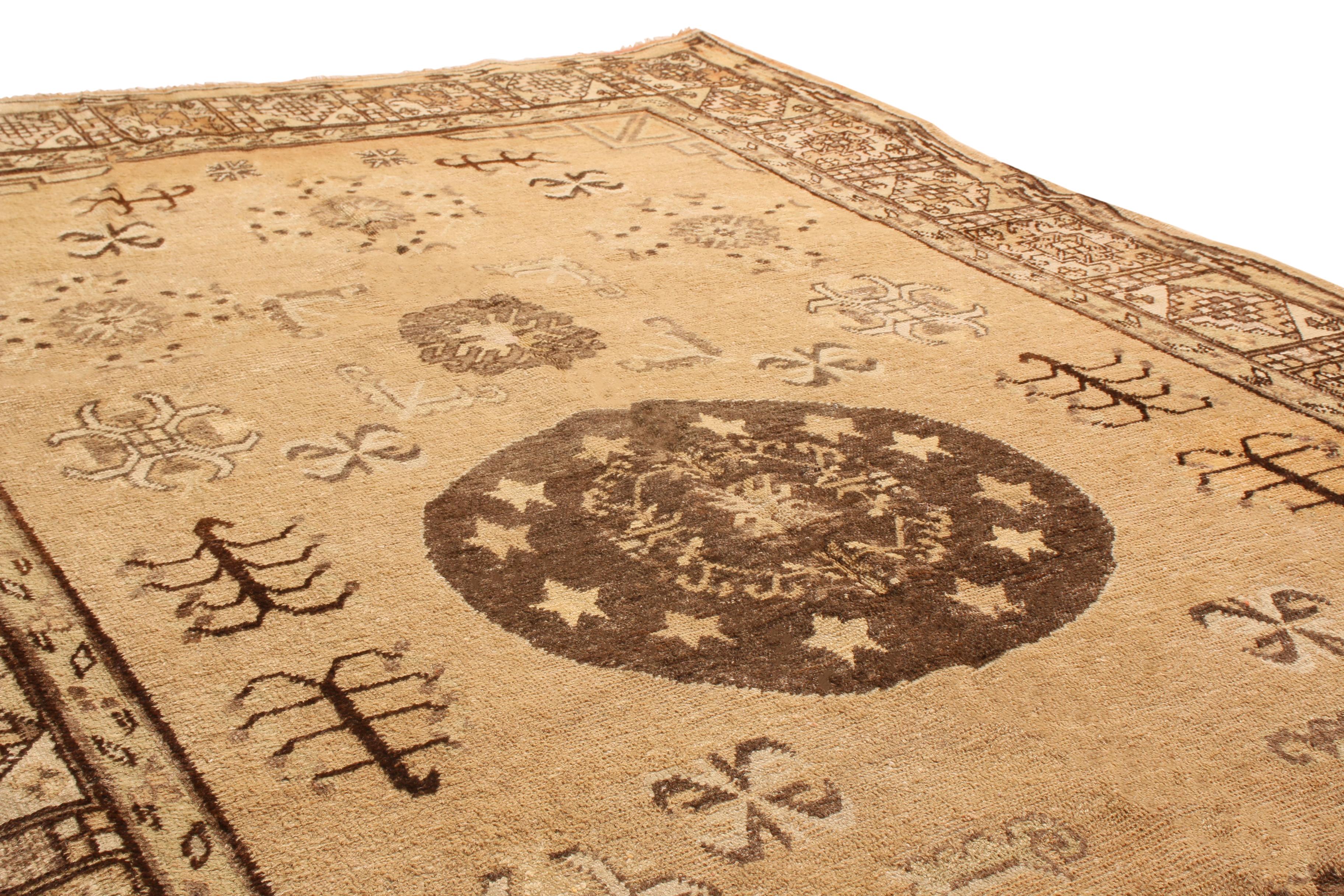 Mid-Century Modern Midcentury Transitional Khotan Beige and Brown Wool Rug with Medallion