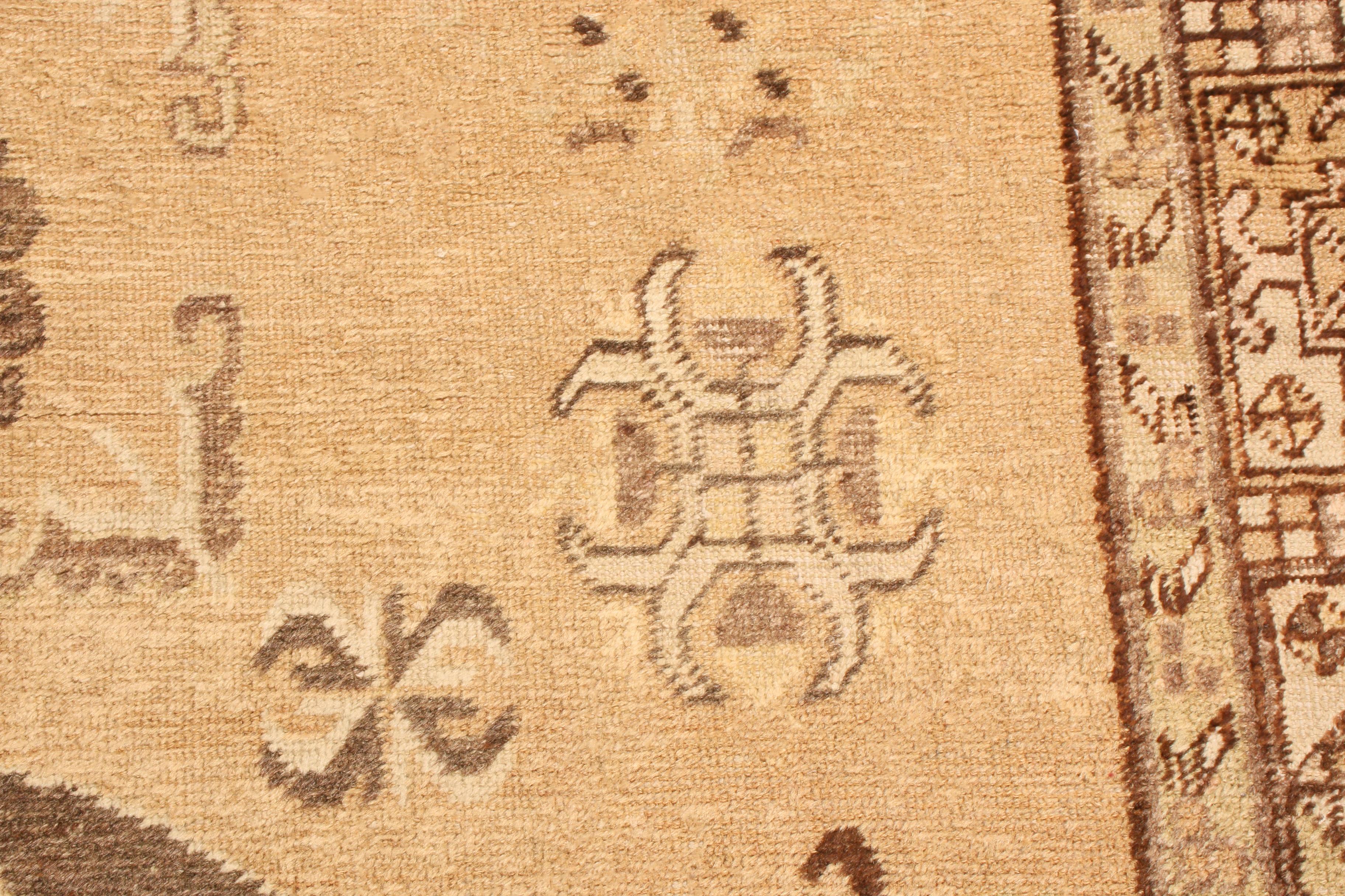 Midcentury Transitional Khotan Beige and Brown Wool Rug with Medallion 1