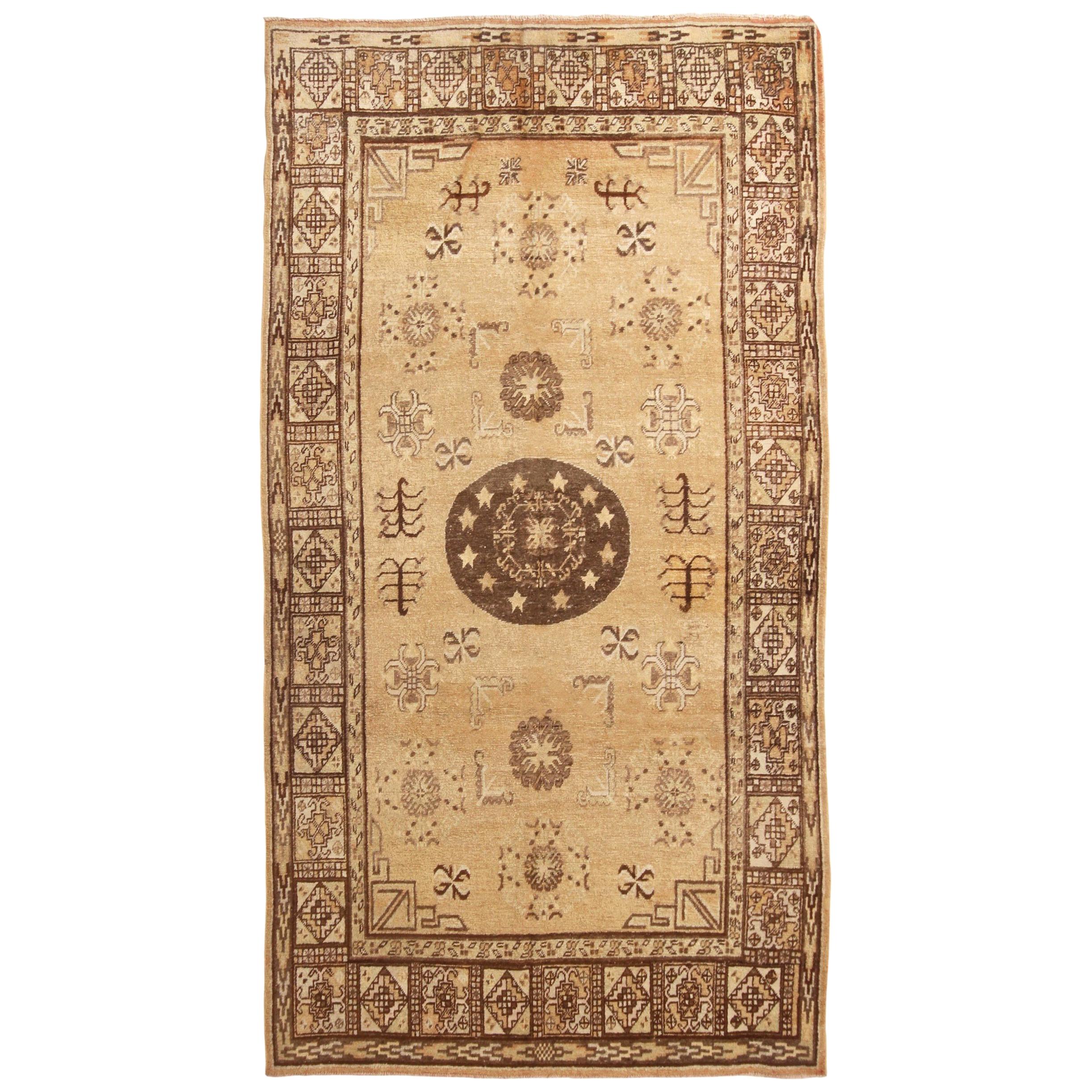 Midcentury Transitional Khotan Beige and Brown Wool Rug with Medallion