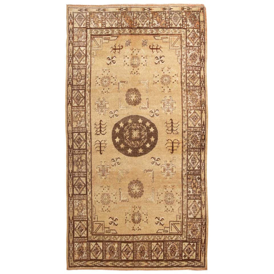 Midcentury Transitional Khotan Beige and Brown Wool Rug with Medallion ...