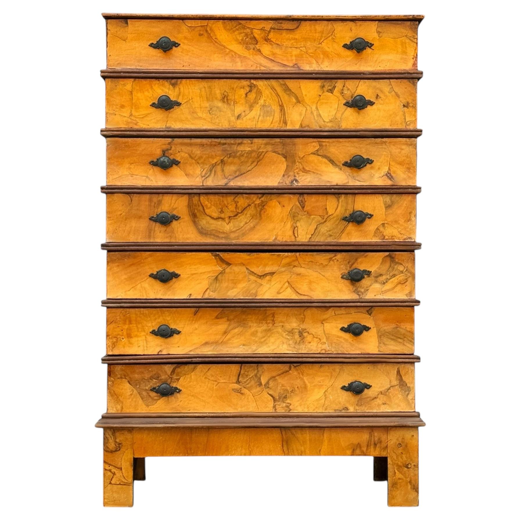 Mid Century Transitional Modern Italian Burl Tall Dresser, Vanity or Cabinet