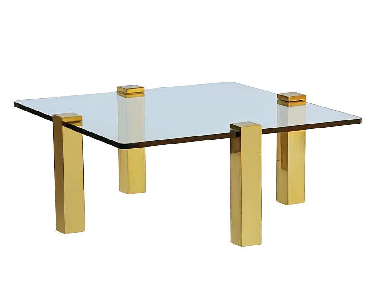 American Mid Century Transitional Modern Square Cocktail Table in Brass & Glass For Sale