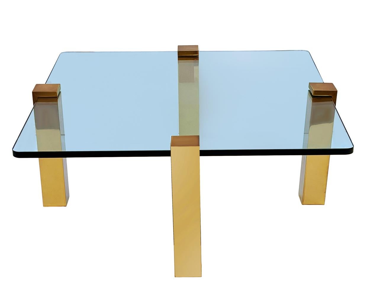 Mid Century Transitional Modern Square Cocktail Table in Brass & Glass In Good Condition For Sale In Philadelphia, PA