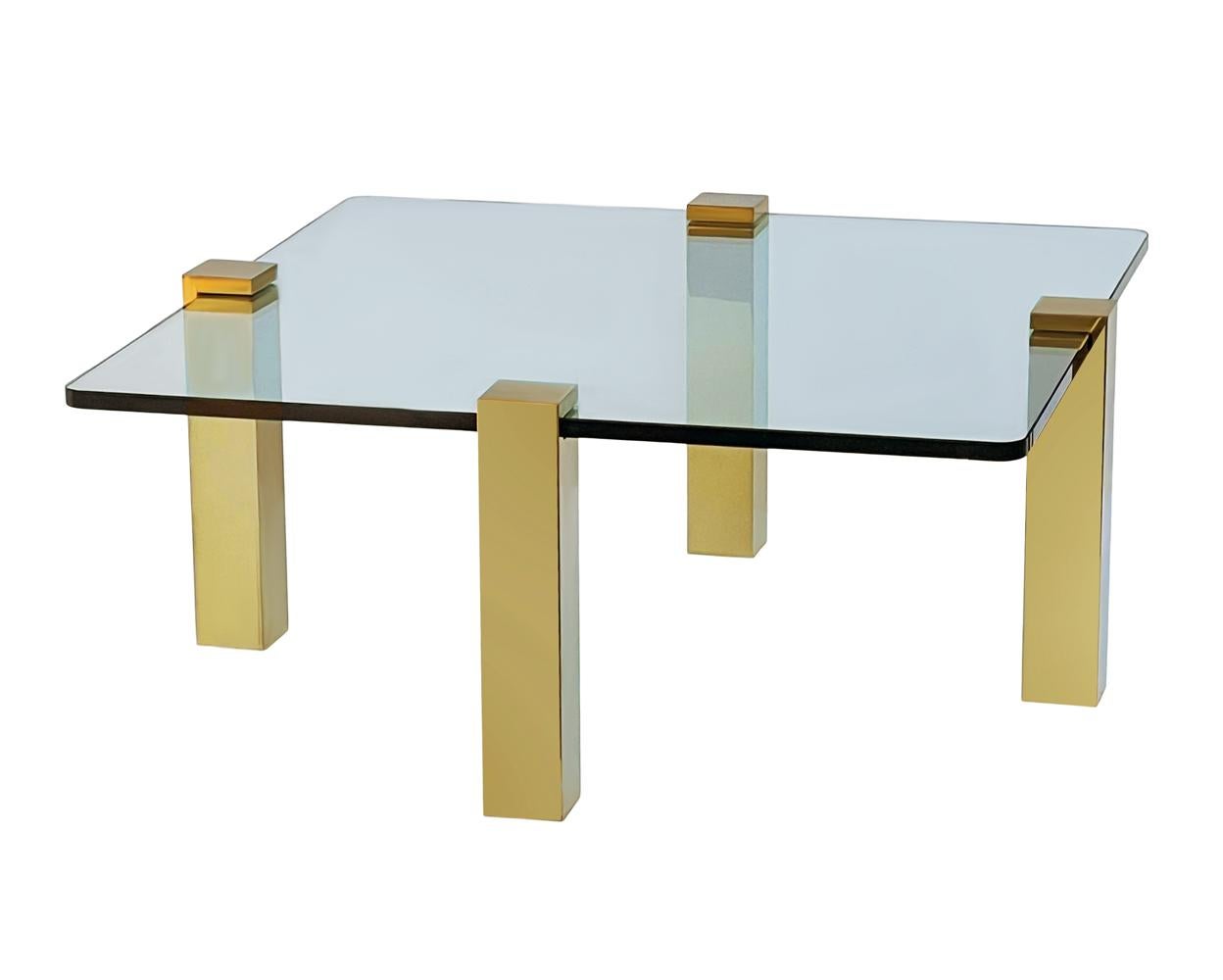 Mid Century Transitional Modern Square Cocktail Table in Brass & Glass For Sale 1