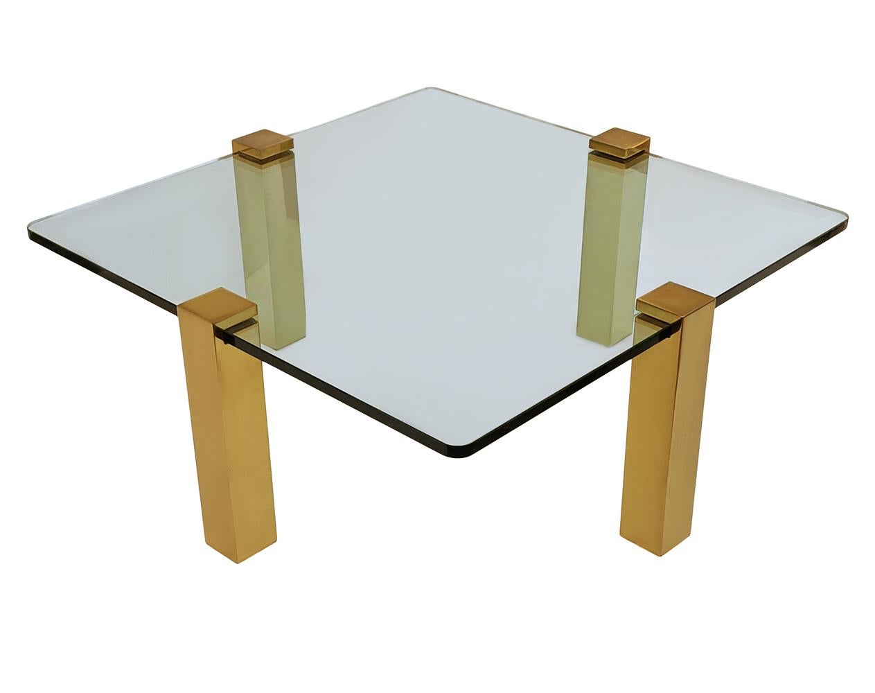 Mid Century Transitional Modern Square Cocktail Table in Brass & Glass For Sale 2
