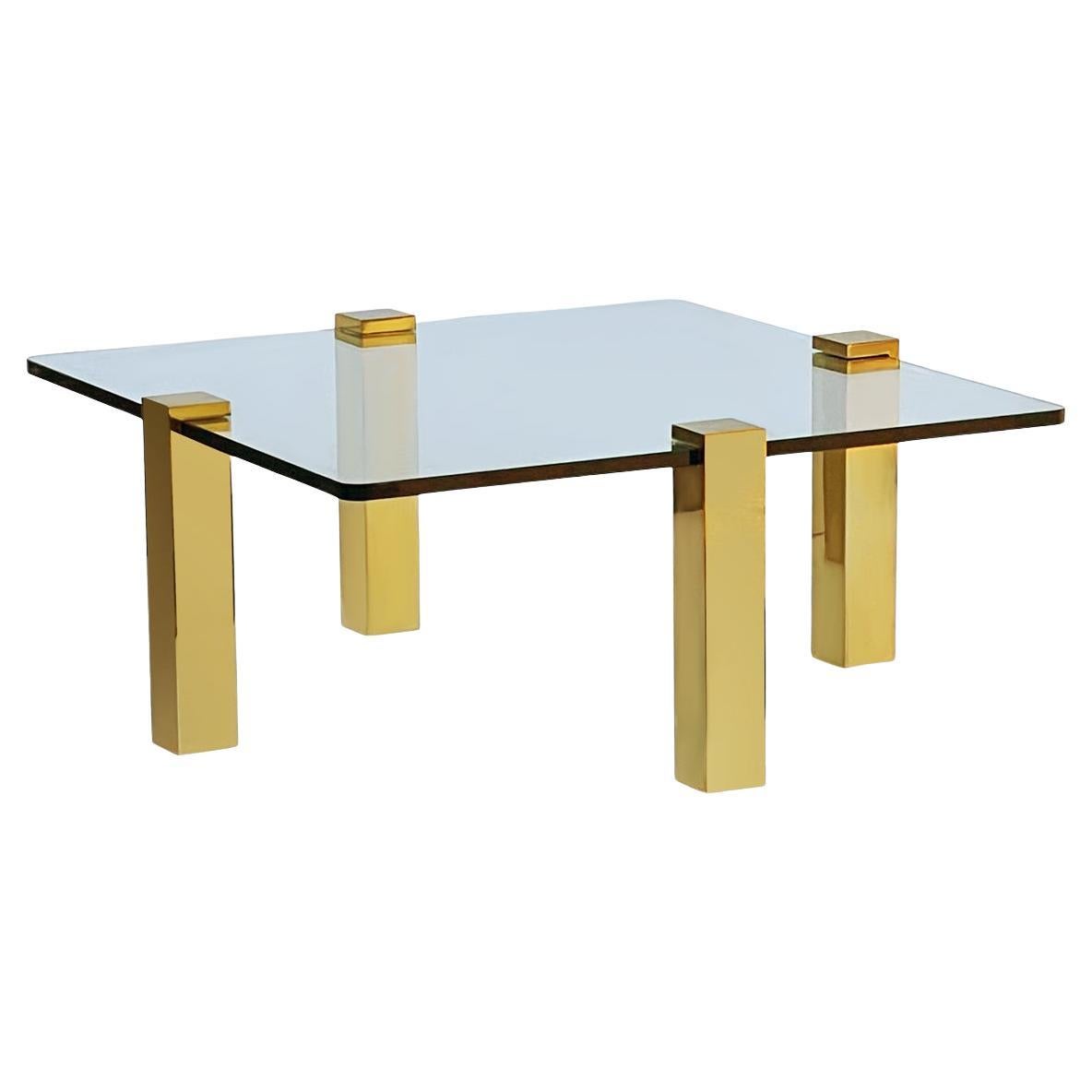 Mid Century Transitional Modern Square Cocktail Table in Brass & Glass For Sale