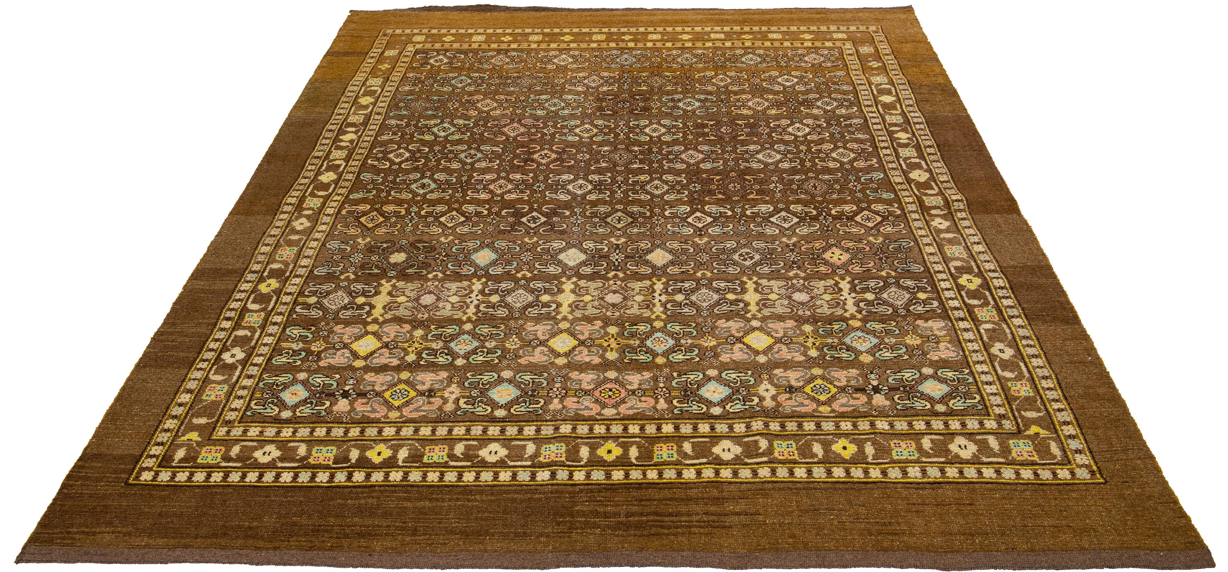 Modern Mid-Century Transitional Style Handmade Allover Brown Wool Rug by Apadana For Sale