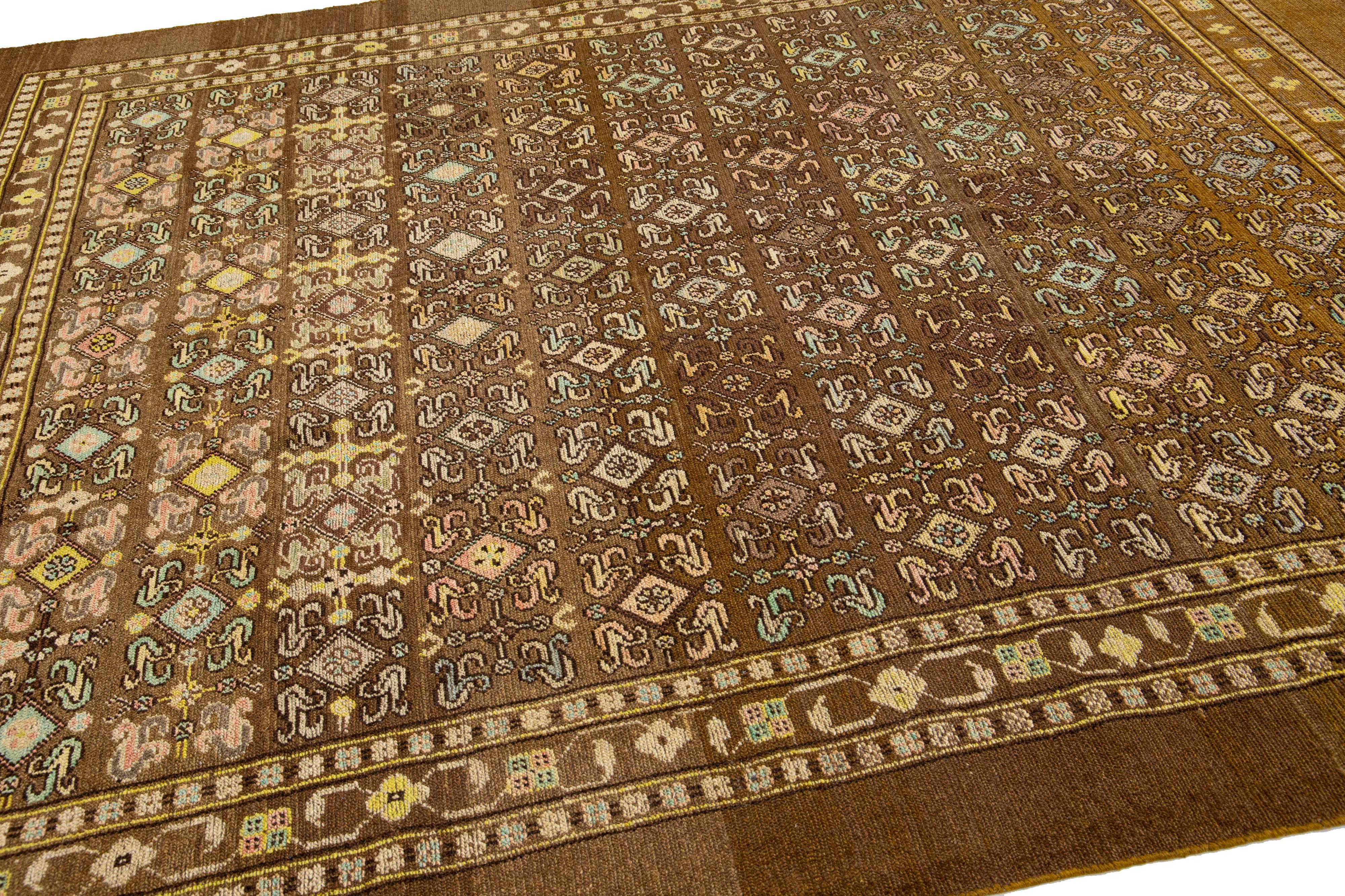 Hand-Knotted Mid-Century Transitional Style Handmade Allover Brown Wool Rug by Apadana For Sale