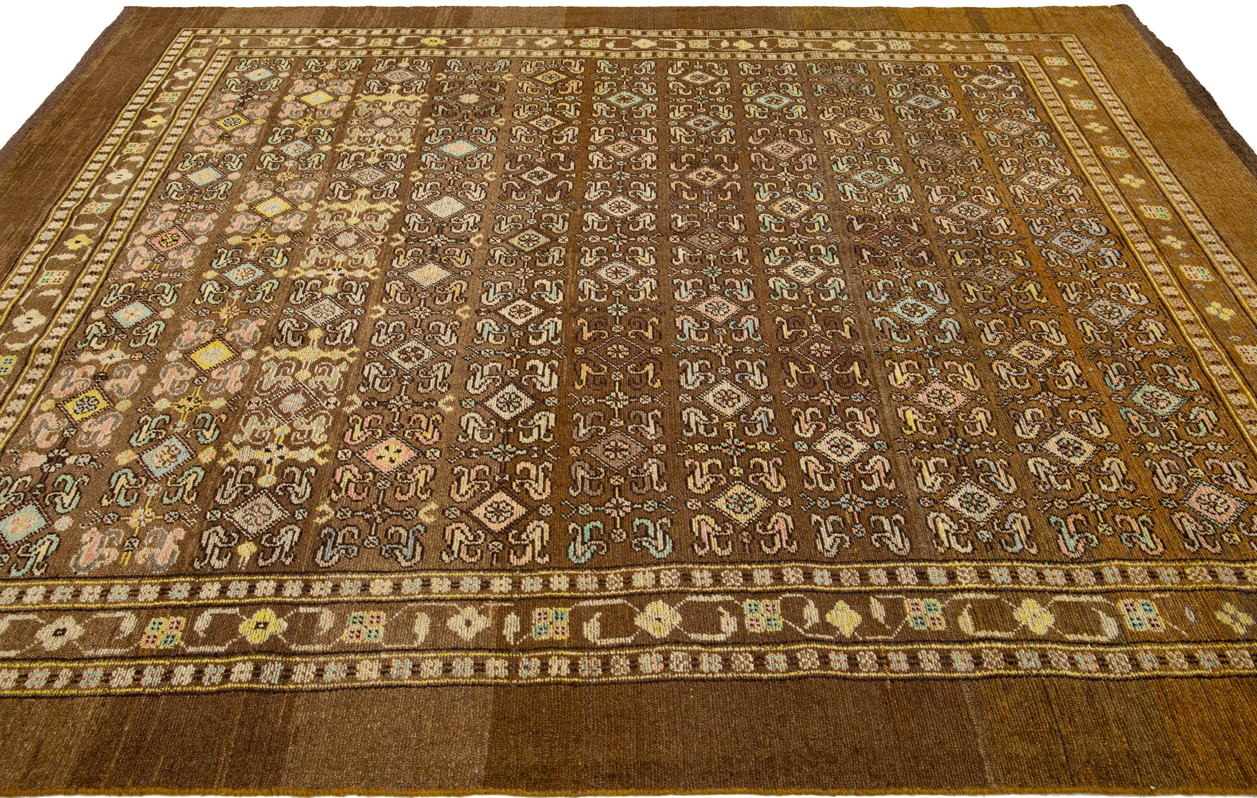 Mid-Century Transitional Style Handmade Allover Brown Wool Rug by Apadana In New Condition For Sale In Norwalk, CT