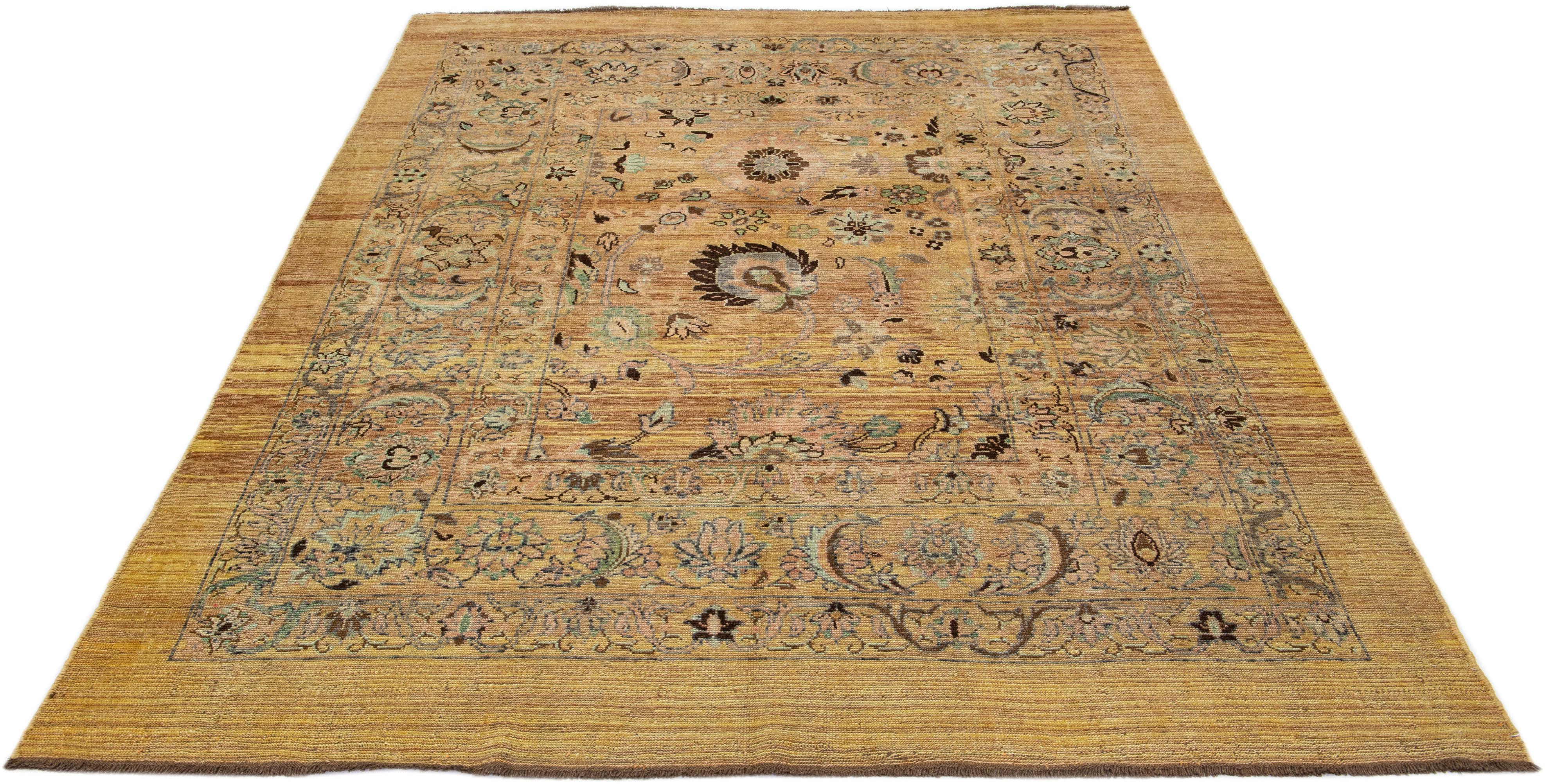 Modern Mid-Century Transitional Style Handmade Allover Floral Tan Wool Rug by Apadana For Sale