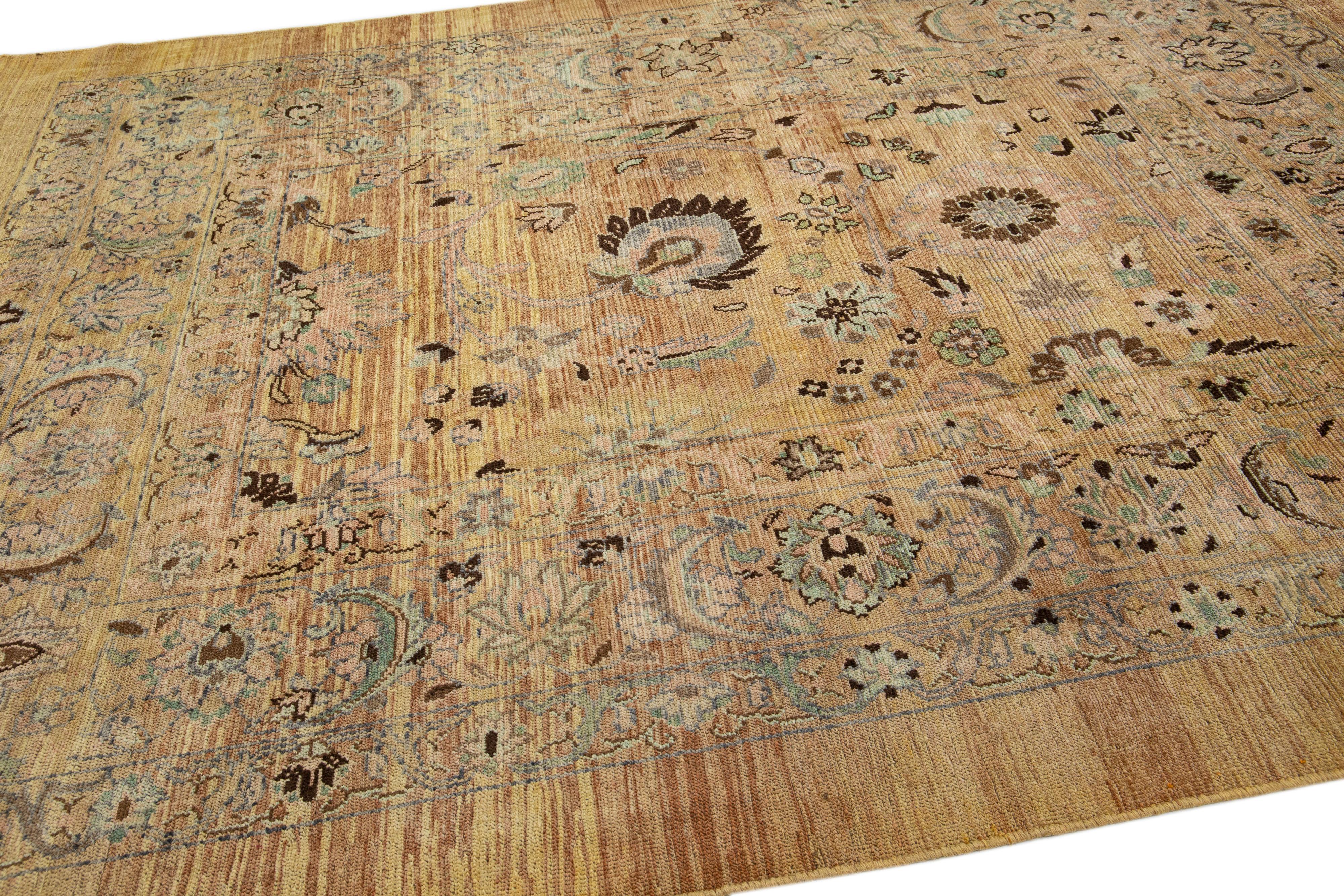 Hand-Knotted Mid-Century Transitional Style Handmade Allover Floral Tan Wool Rug by Apadana For Sale