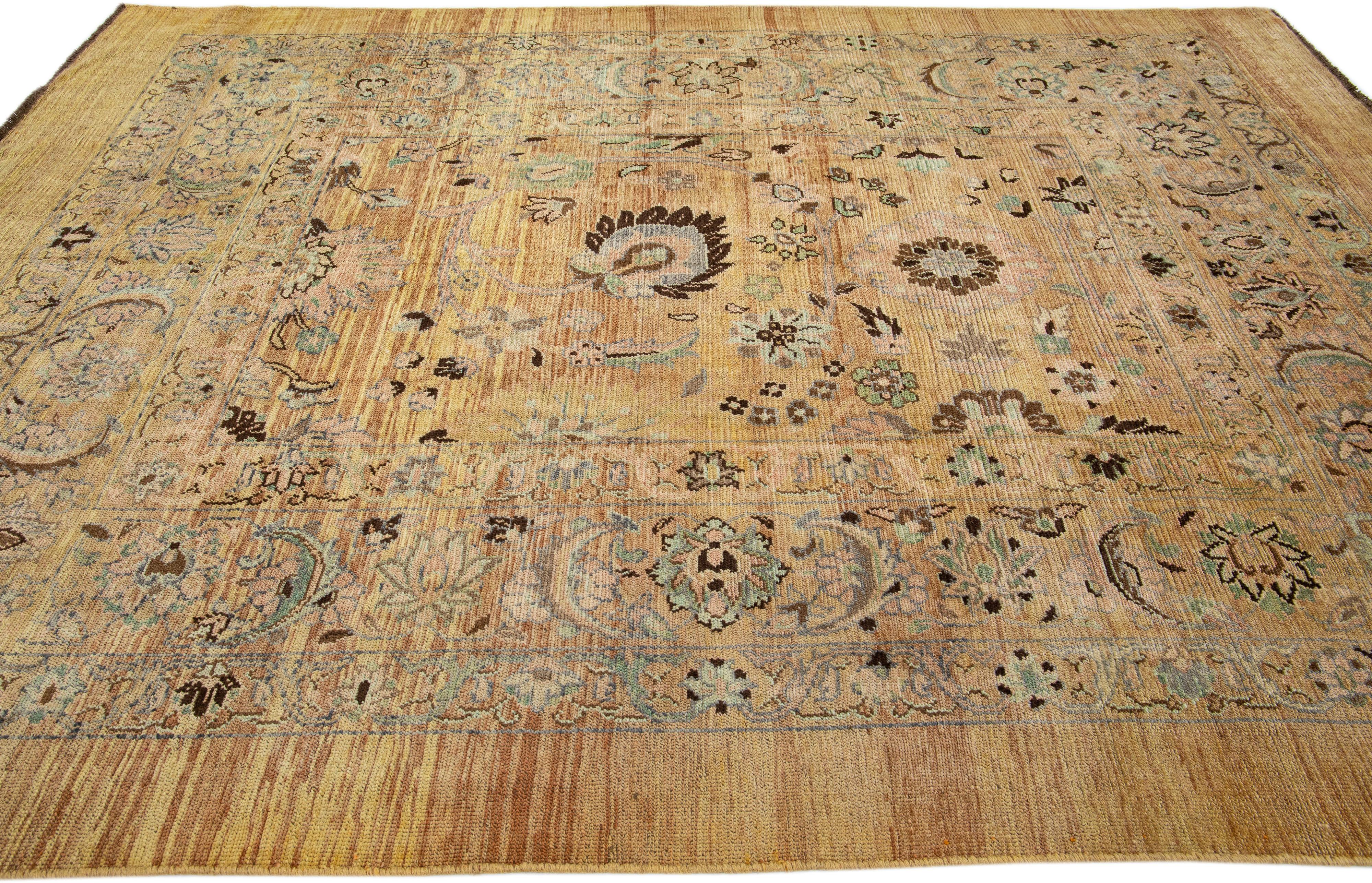 Mid-Century Transitional Style Handmade Allover Floral Tan Wool Rug by Apadana In New Condition For Sale In Norwalk, CT