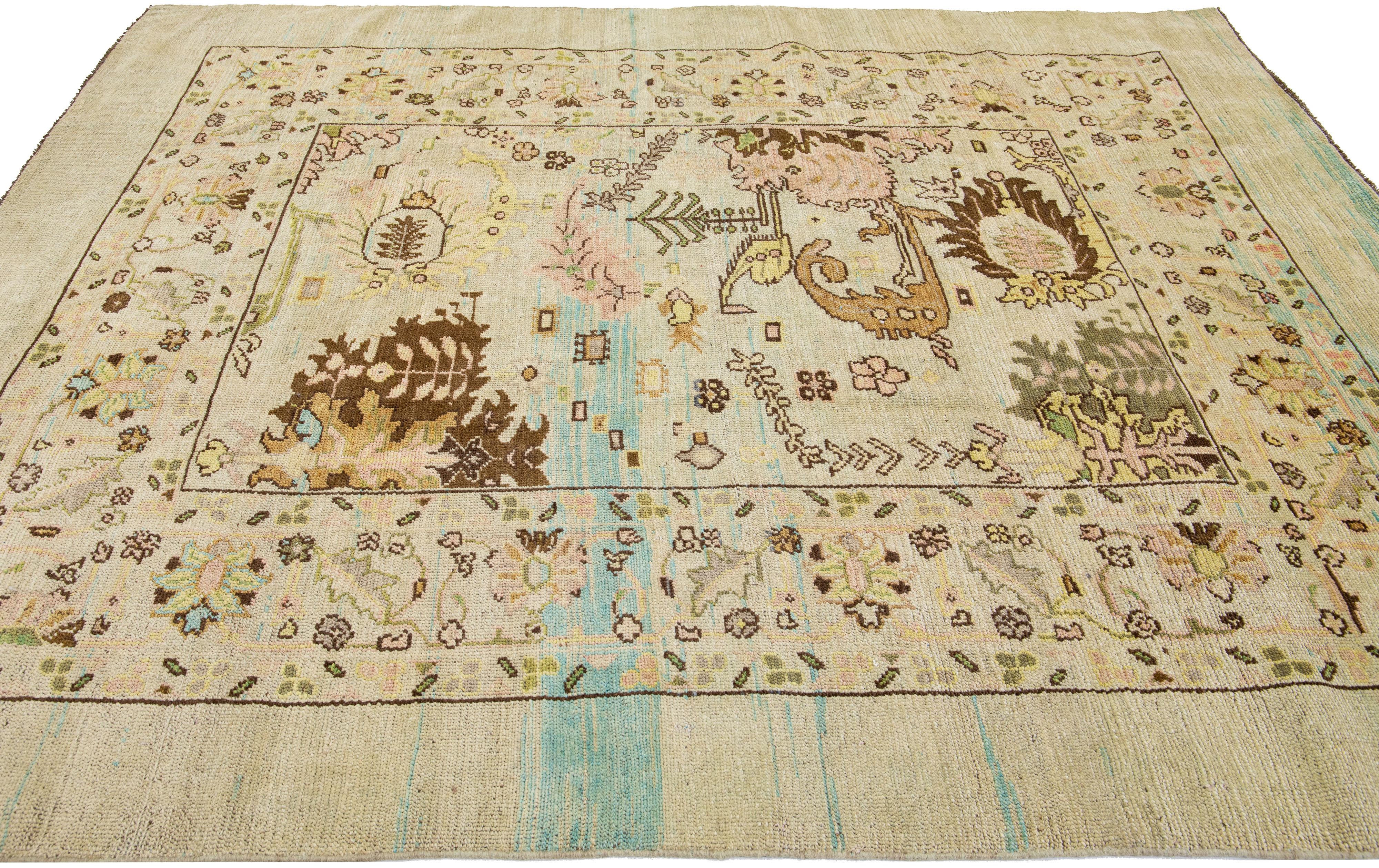 Mid-Century Transitional Style Handmade Floral Motif Beige Wool Rug by Apadana In New Condition For Sale In Norwalk, CT