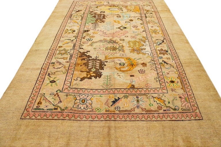 MidCentury Transitional Style Handmade Floral Motif Tan Wool Rug by