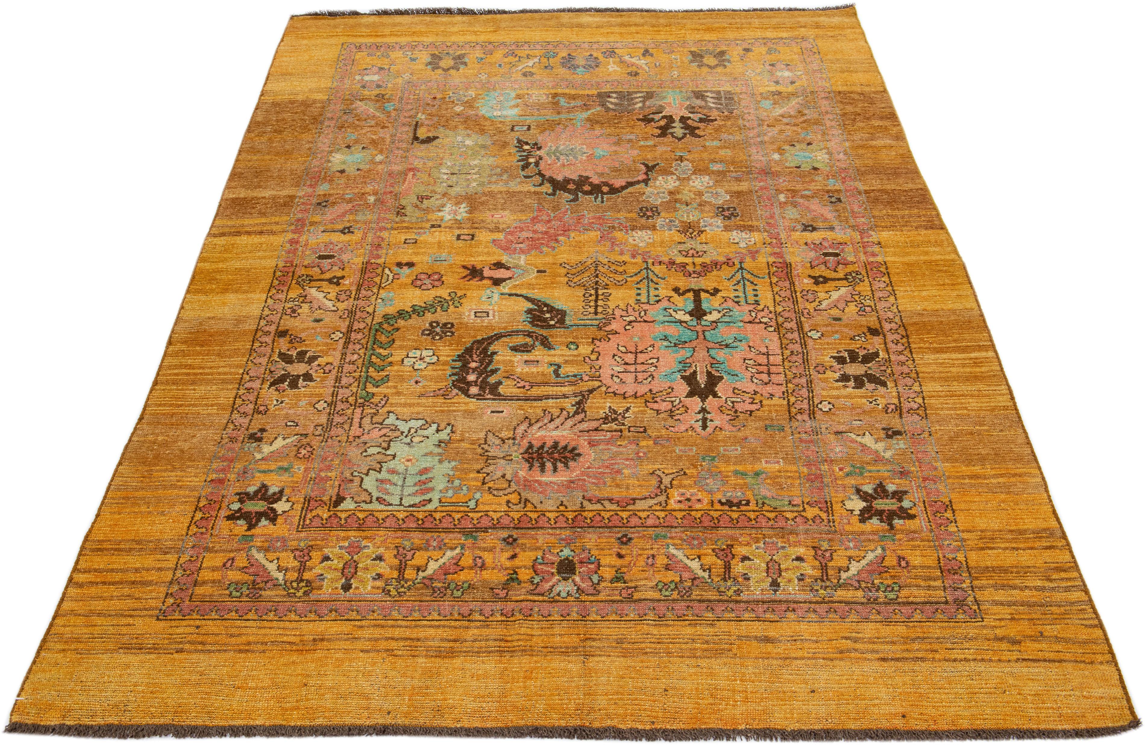 Modern Mid-Century Transitional Style Handmade Goldenrod Floral Wool Rug by Apadana For Sale
