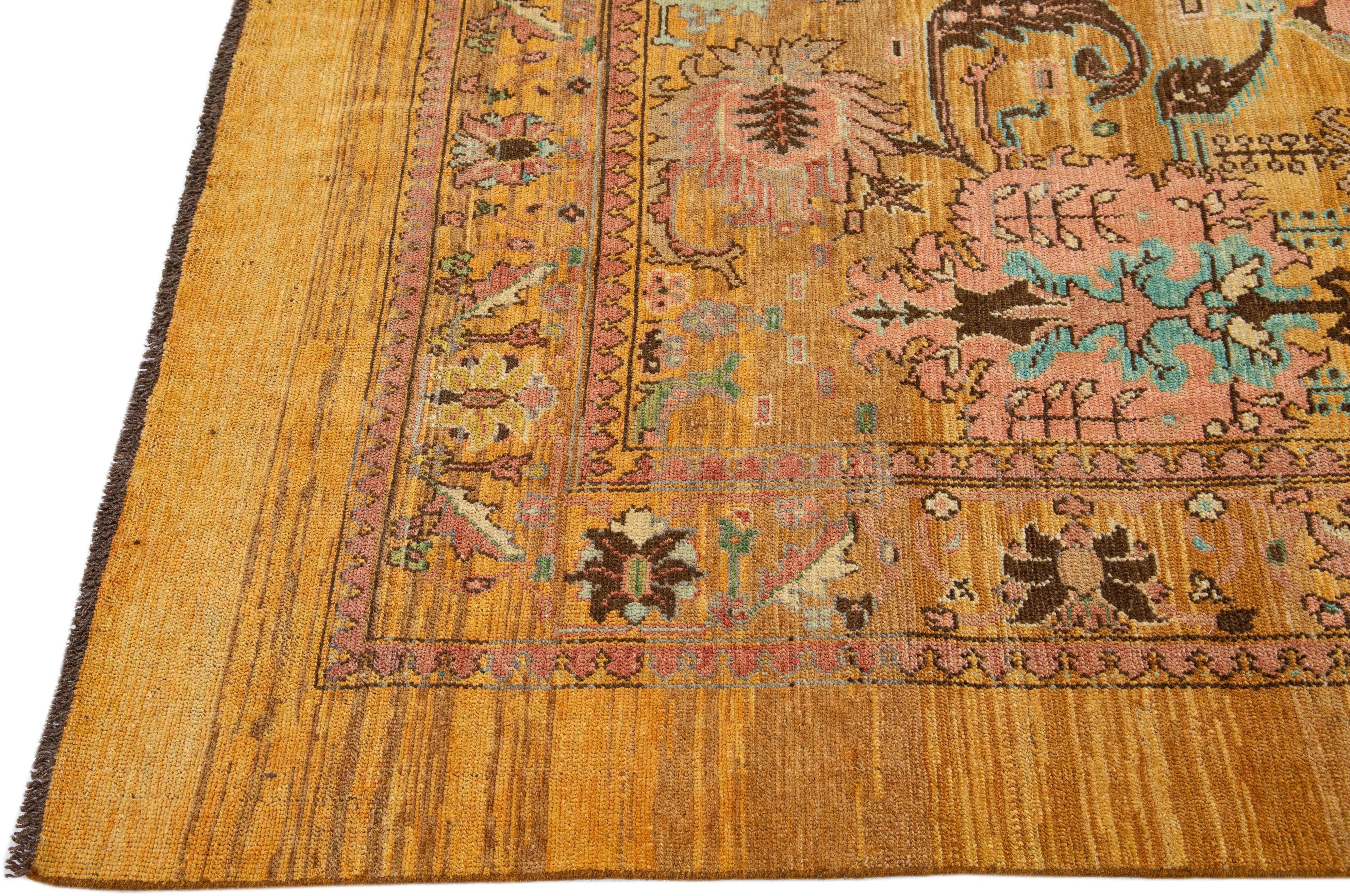 Afghan Mid-Century Transitional Style Handmade Goldenrod Floral Wool Rug by Apadana For Sale