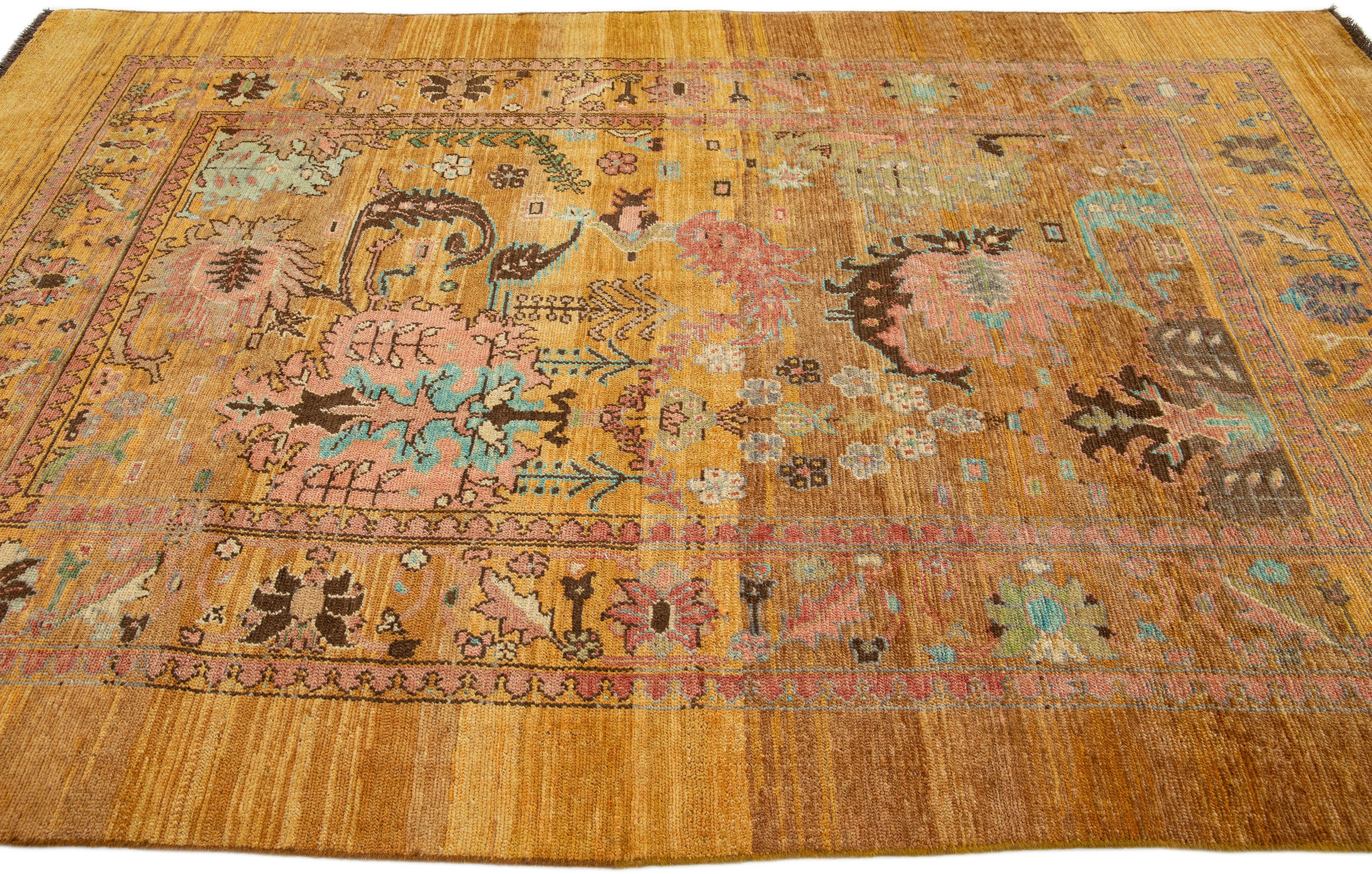 Hand-Knotted Mid-Century Transitional Style Handmade Goldenrod Floral Wool Rug by Apadana For Sale