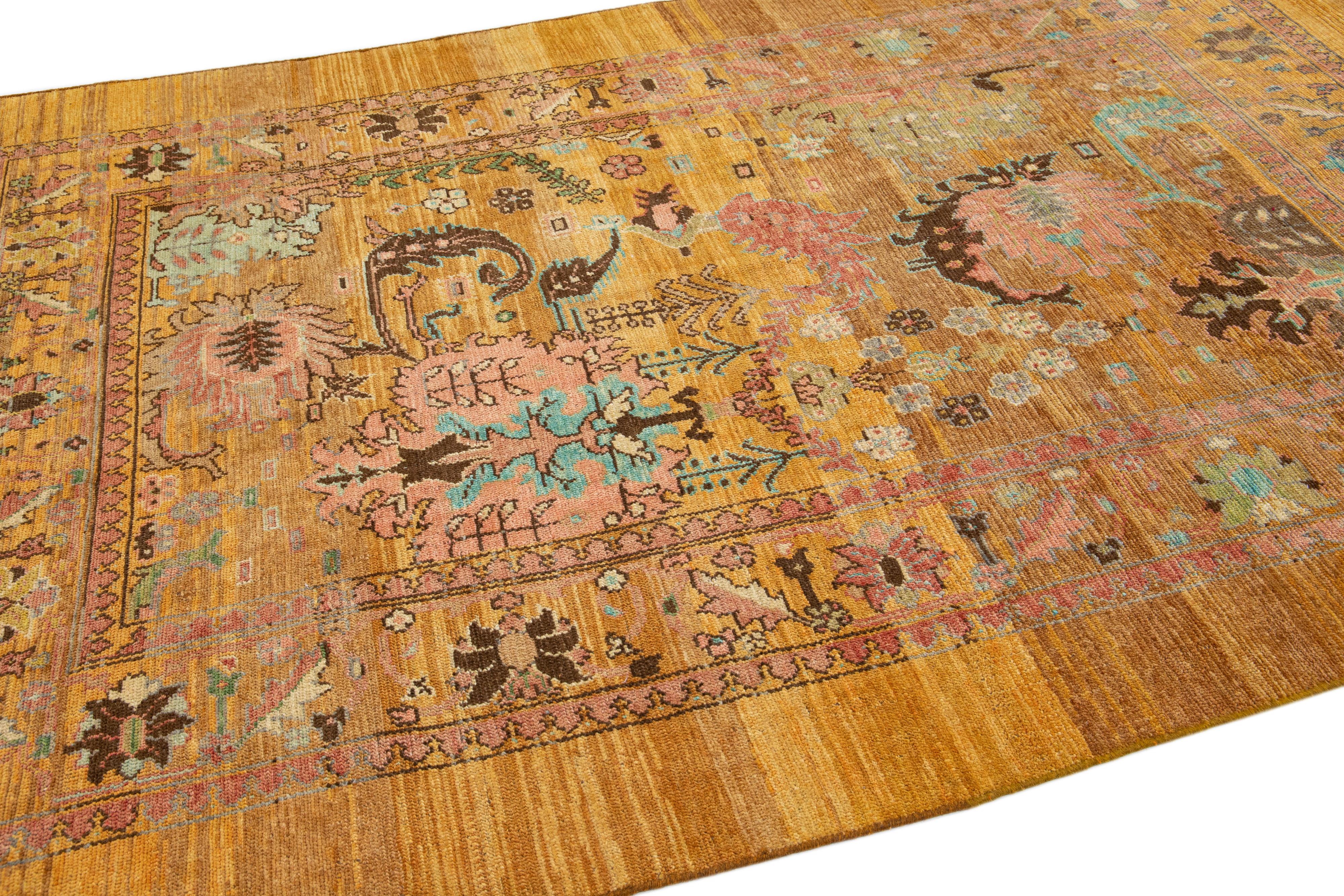 Mid-Century Transitional Style Handmade Goldenrod Floral Wool Rug by Apadana In New Condition For Sale In Norwalk, CT