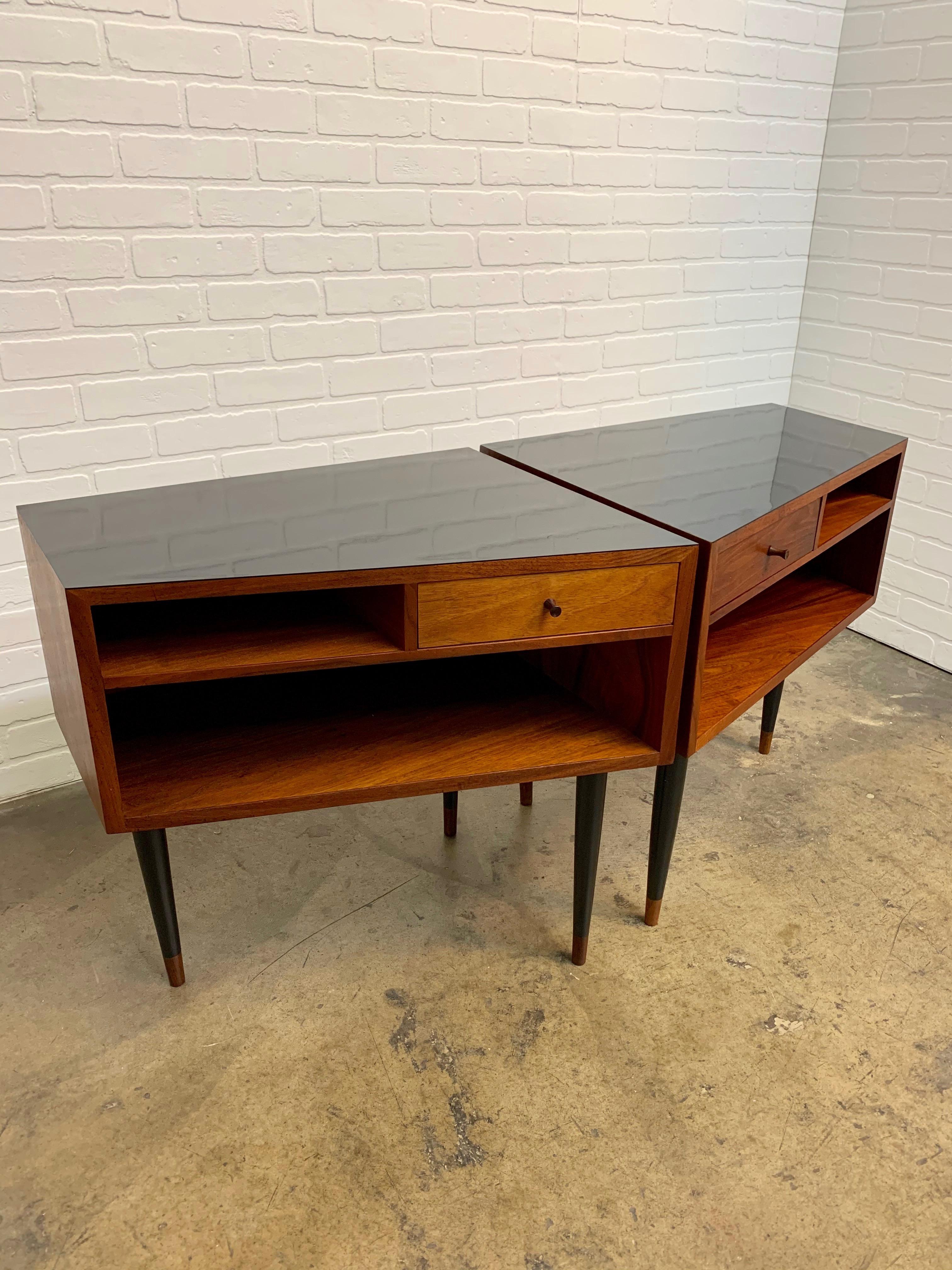 Ebonized Midcentury Trapezoidal Shaped Nightstands