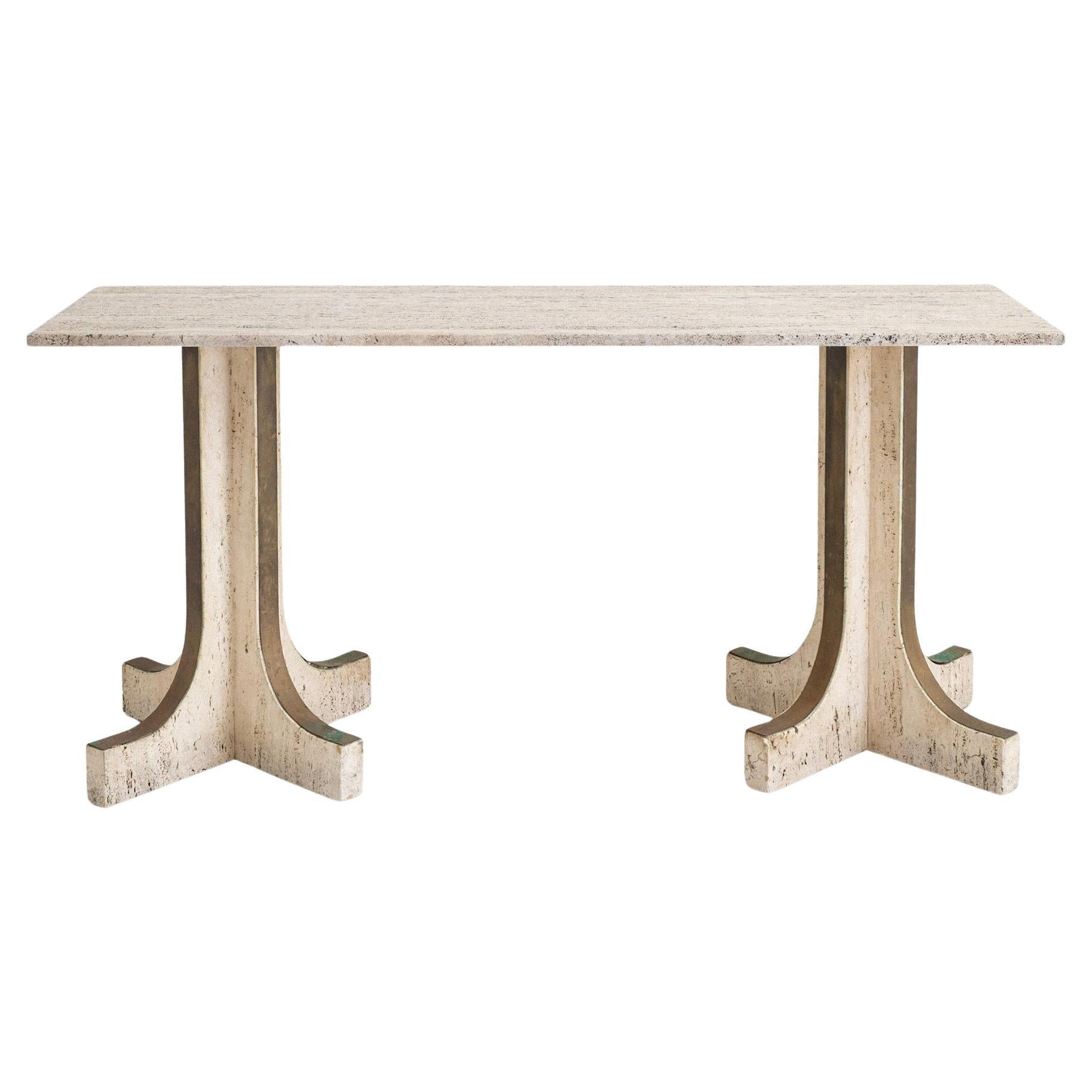 Mid-Century Travertine and Brass Console Table For Sale