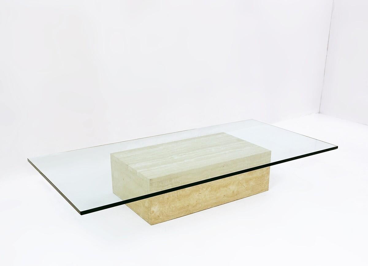 Belgian Mid-Century Travertine and Glass Coffee Table, 1970s For Sale